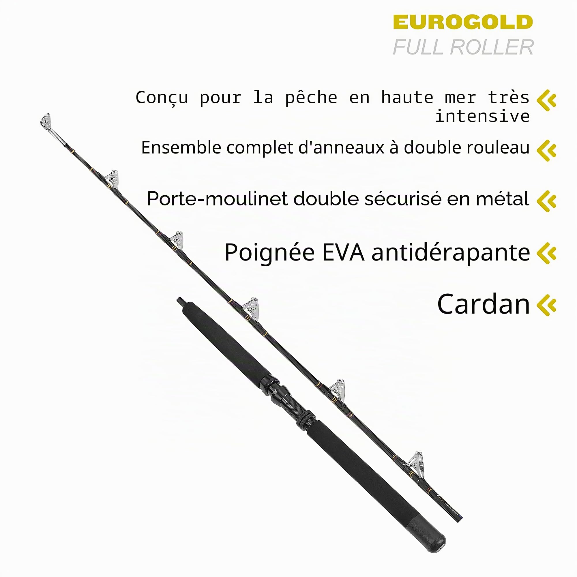 Fladen Canne à pêche 1,85 m Euro Gold pour pêche à la traîne en mer profonde (2 sections vierges) Canne à pêche Noir/doré Trois poids 13,6 à 22,7 kg 22,7 à 36,3 kg 36,3 à 59 kg