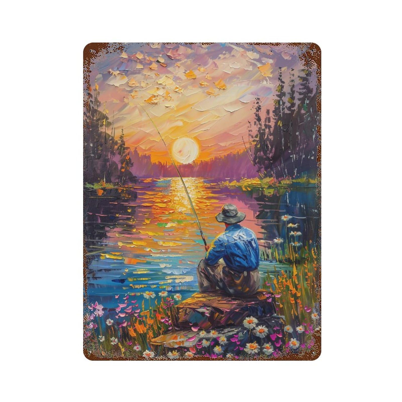 HDURYEYRYY Lakeside Fisherman Sunset Impasto 02 Wall Retro Iron Vintage Art Metal Tin Sign Poster Modern Home Cofffee Club Art Bar Shop Decor 40x30cm