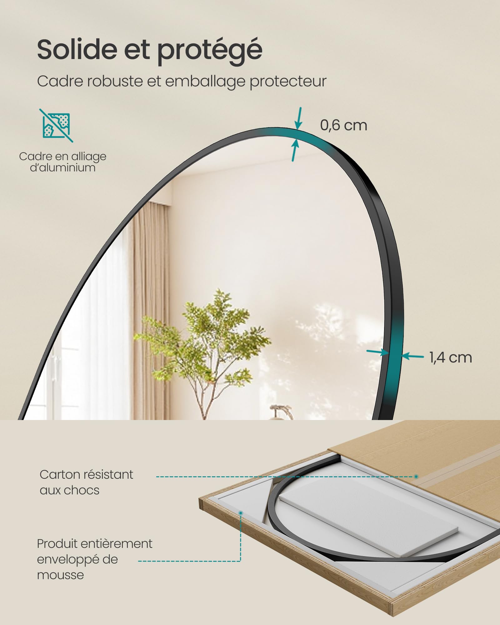 SONGMICS Miroir Intégral Arqué sur Pied 160 x 50 cm Cadre en Alliage d’Aluminium Verre Trempé Noir
