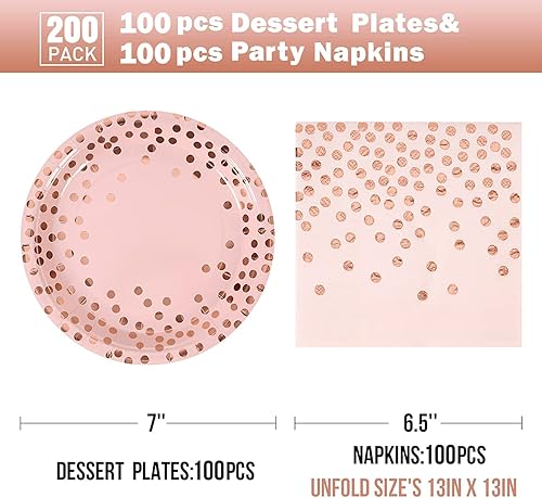 Miniatura 2 de Juego de platos y servilletas de papel rosa y oro rosa - 200 piezas - 100 platos de papel desechables de 7" y 100 servilletas de 6.5", suministros
