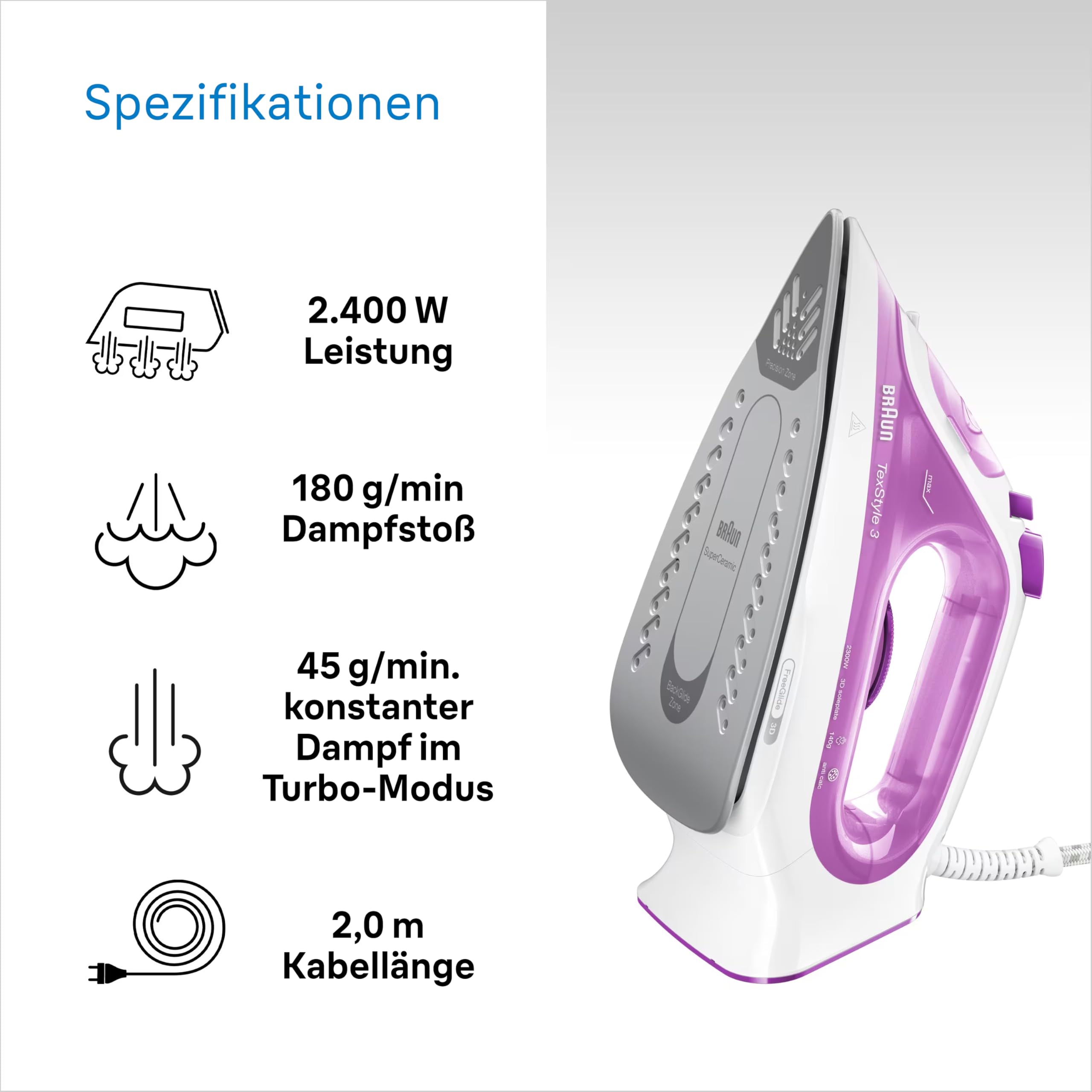 Braun TexStyle 3 SI 3030 PU Dampfbügeleisen - Bügeleisen mit FreeGlide 3D Bügelsohle 140 g – Bild 4