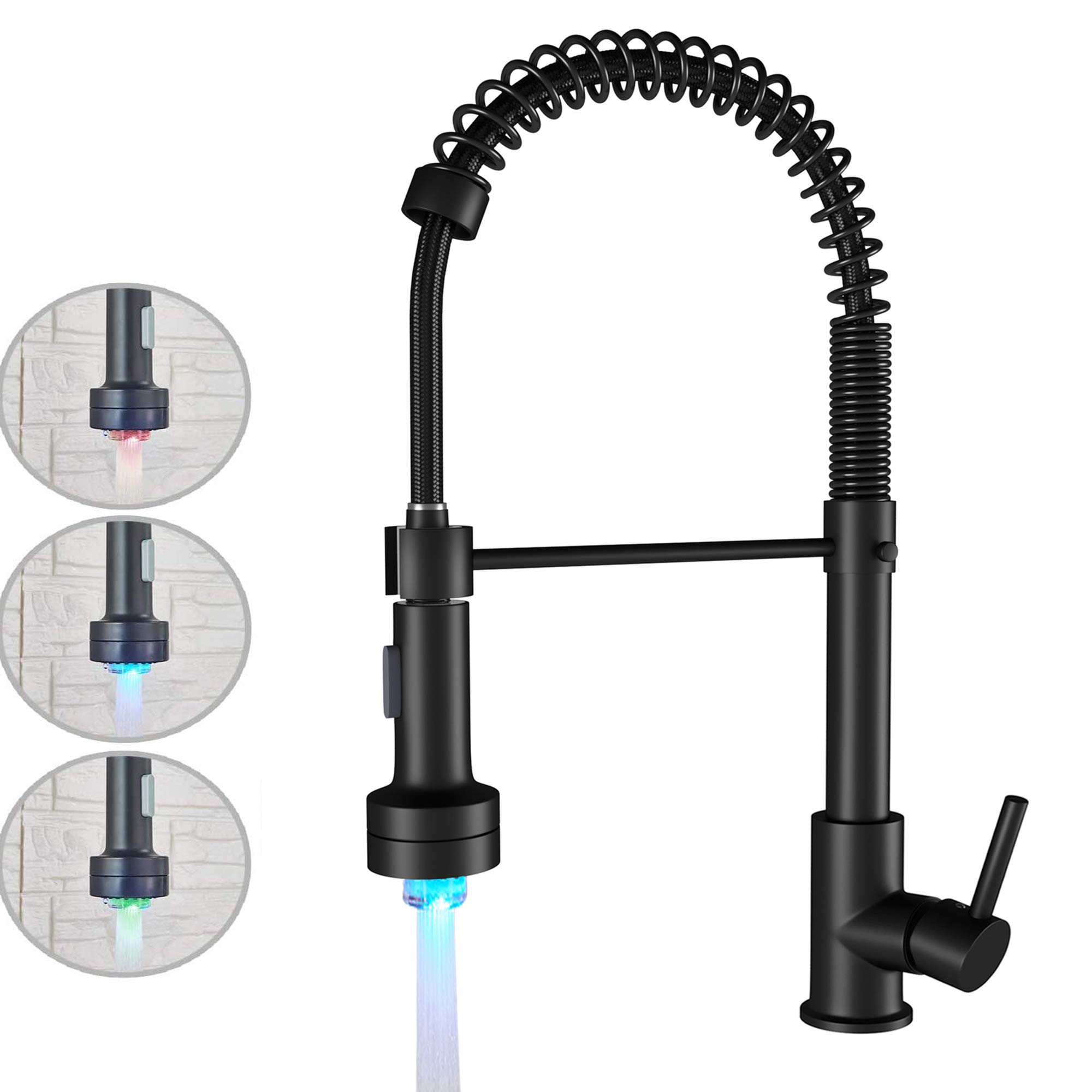 Kitchen Faucet with Spring LED Pull Down Sprayer Single Handle Matte Black Commercial Stainless Steel Kitchen Sink Faucet Oulantron high arc Kitchen Faucet
