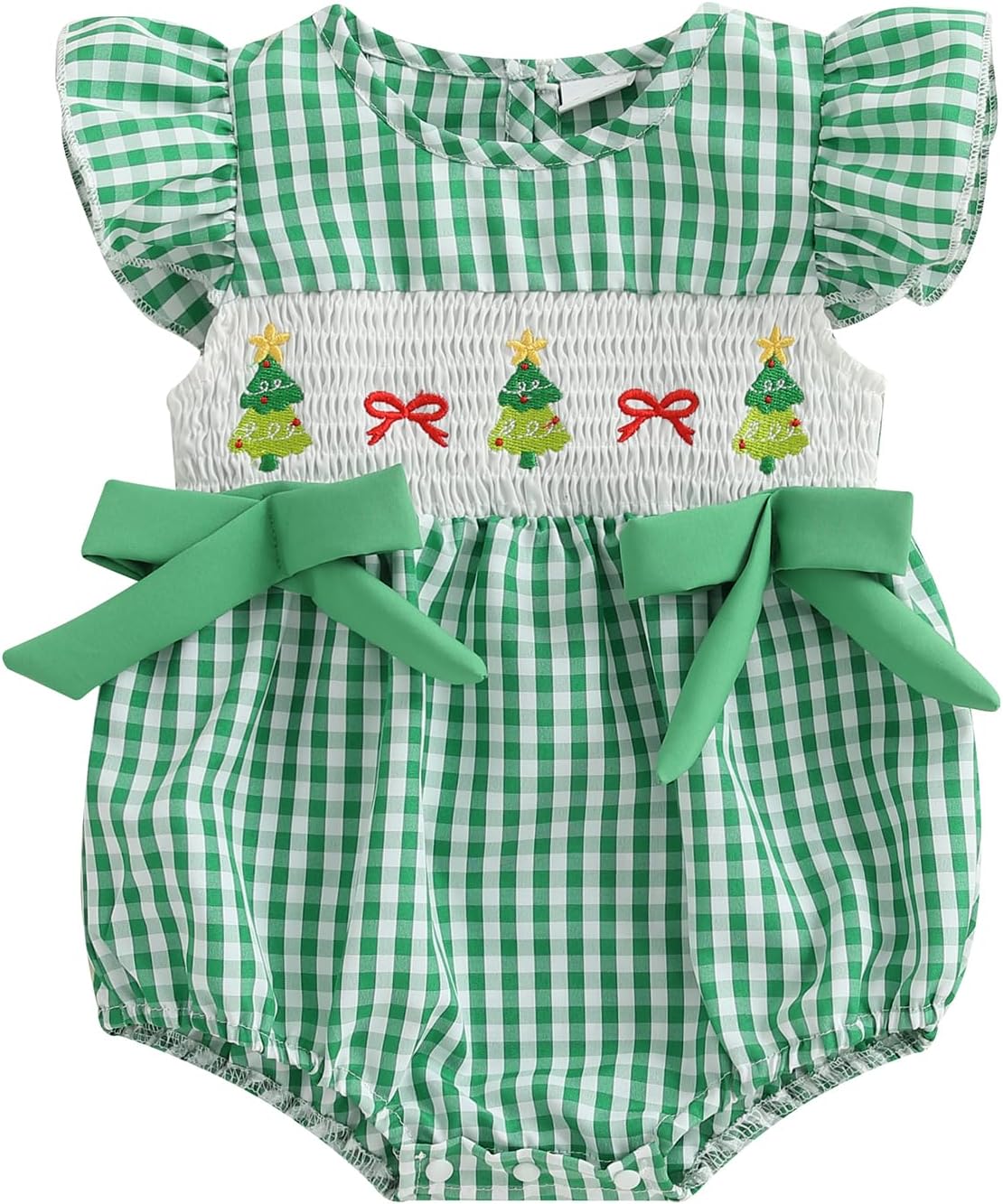 Newborn Girl Smocked Santa Romper Infant Baby Christmas Tree Embroidery Bubble Rompers Fly Sleeve Gingham Bodysuit