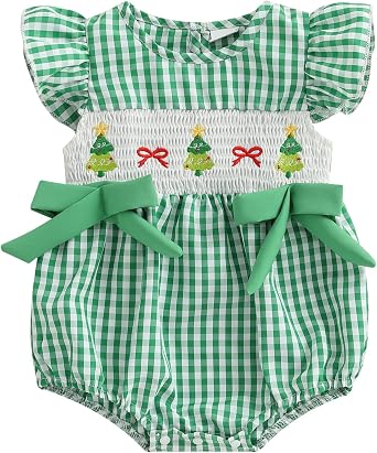 Newborn Girl Smocked Santa Romper Infant Baby Christmas Tree Embroidery Bubble Rompers Fly Sleeve Gingham Bodysuit