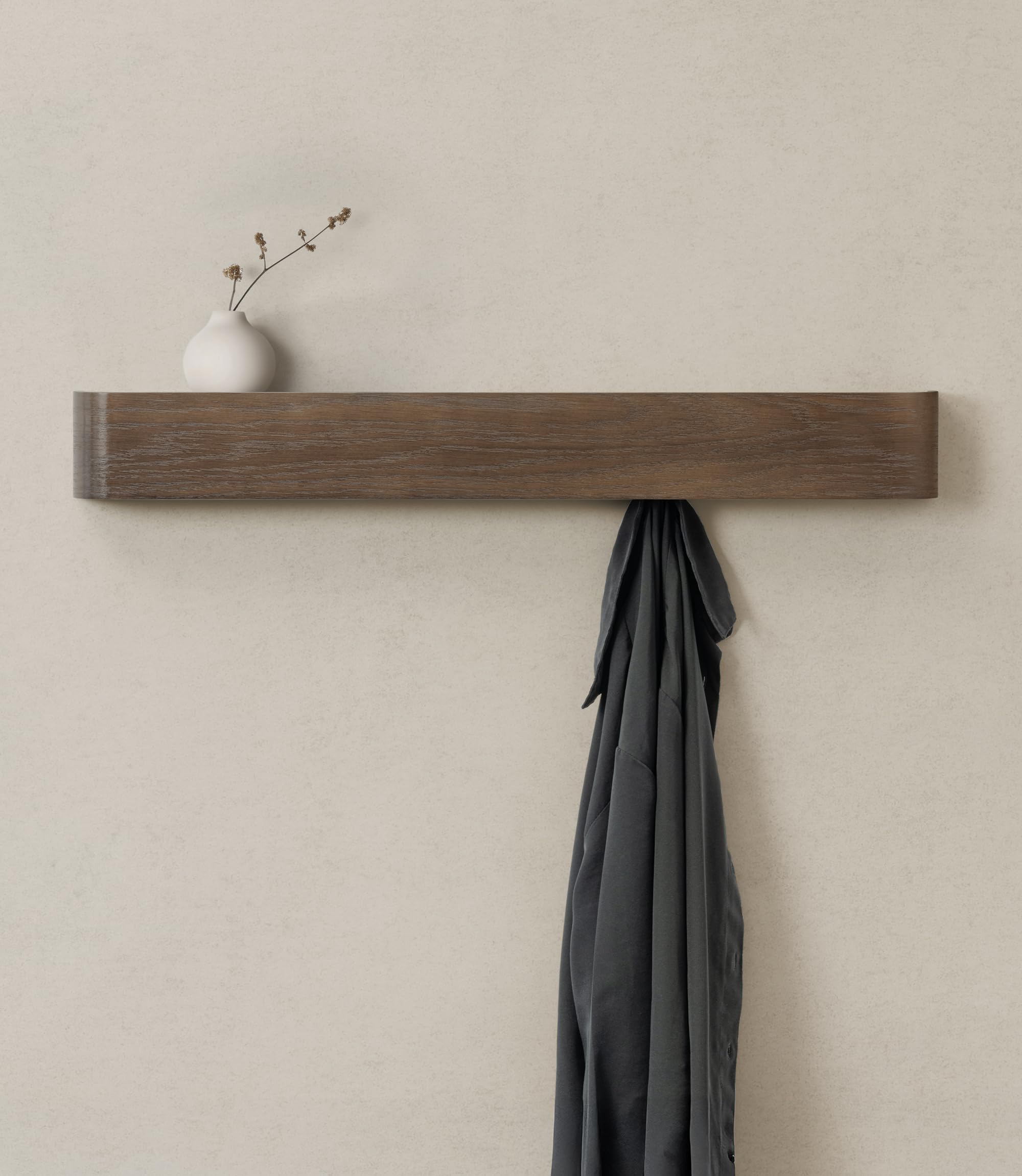 Kazai. Wall-Mounted Coat Rack 'Toke' | Modern Design Coat Rack with Hidden Wall Hooks | Solid Wood Veneer Panel Coat Hanger | Oak, Dark
