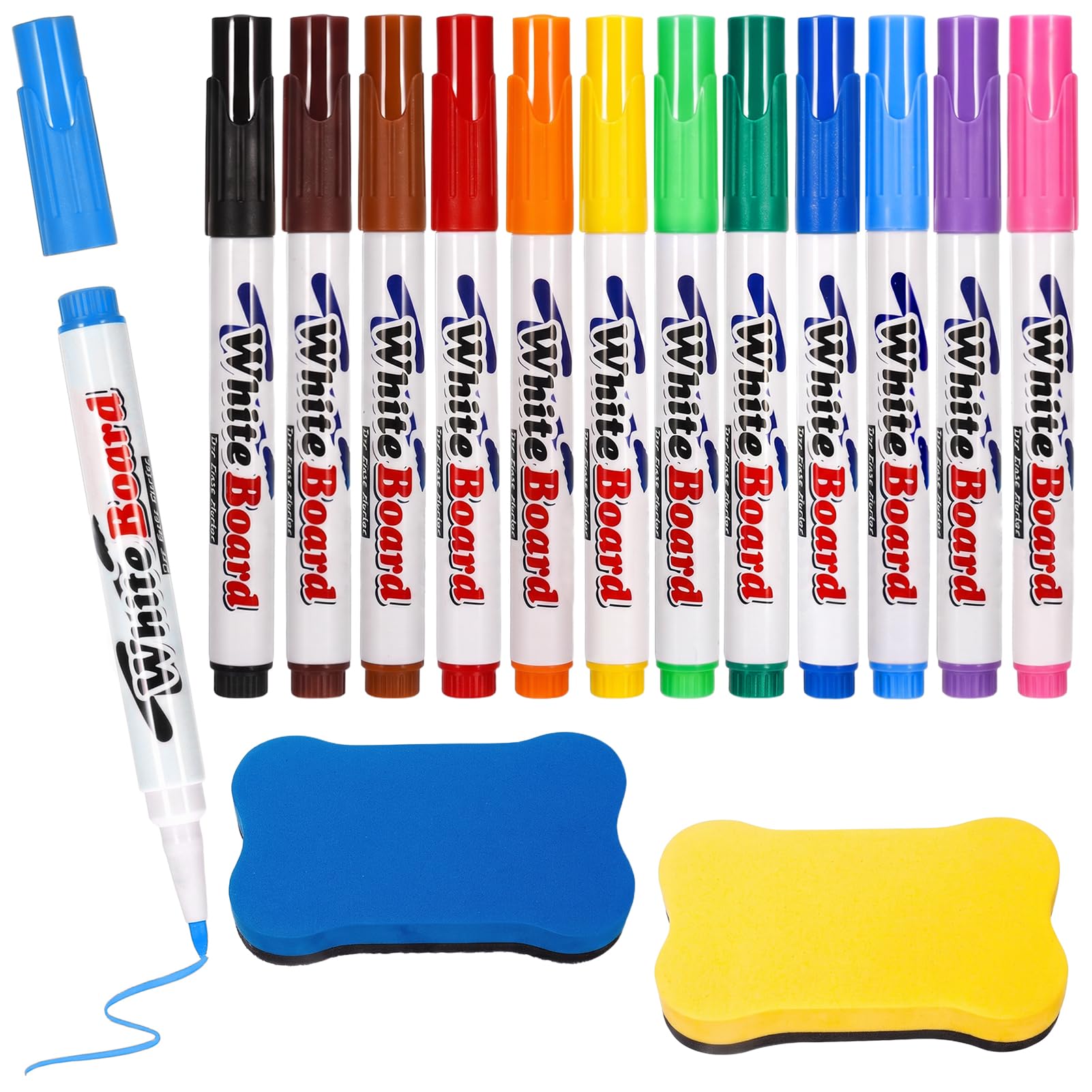 Peaflew 12 Pcs Erasable White Board Pens Colour, Whiteboard Pens with 2 Magnetic Erasers, Dry Erase Markers with Fine Tip for School, Office, Home, Classroom
