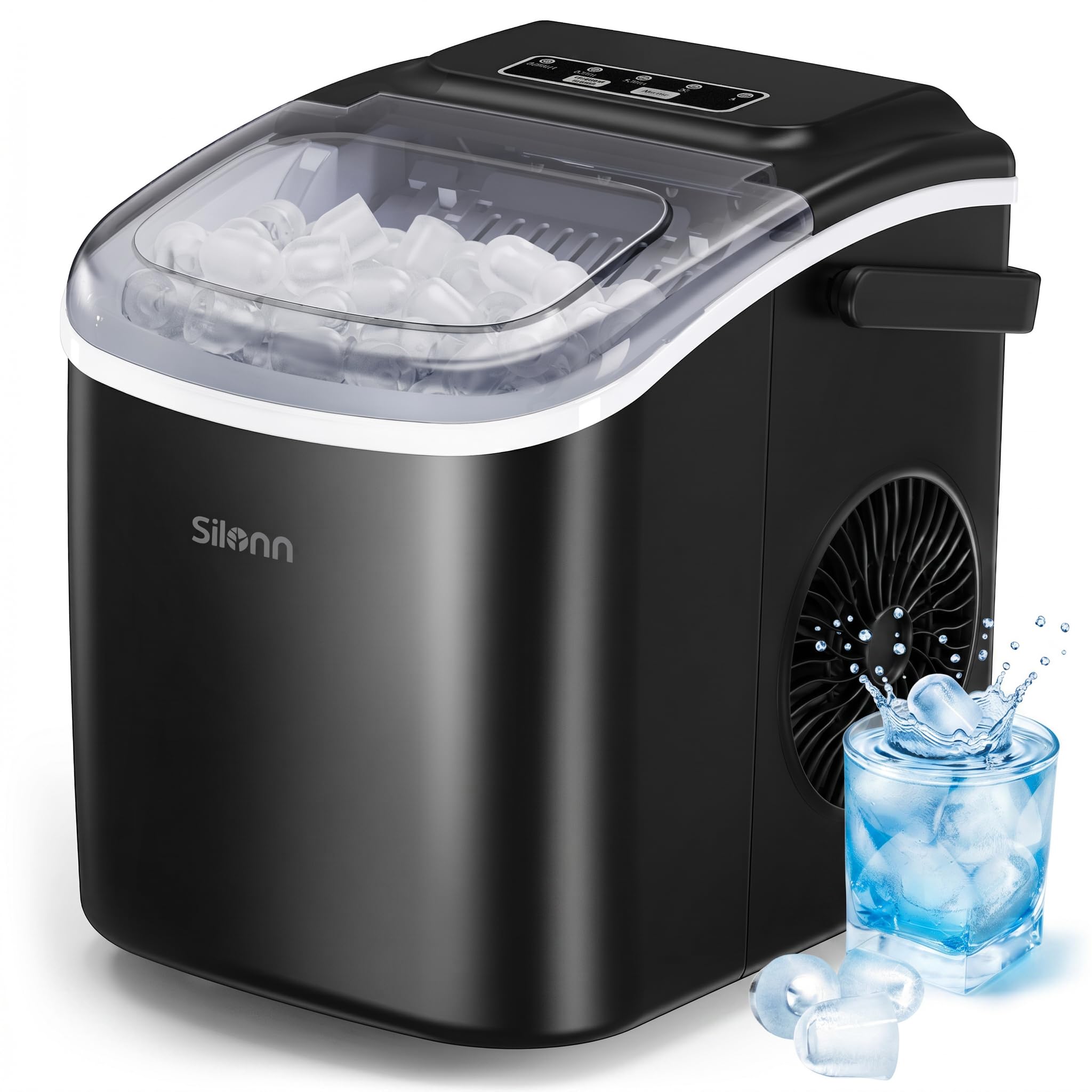 Silonn Ice Maker Countertop, Portable Ice Machine, 9 Bullet Ice Cubes in 6 Mins, 12kg/24H, Self-Cleaning Ice Maker with Scoop & Basket, 2 Ice Sizes for Home Kitchen Office Bar Party