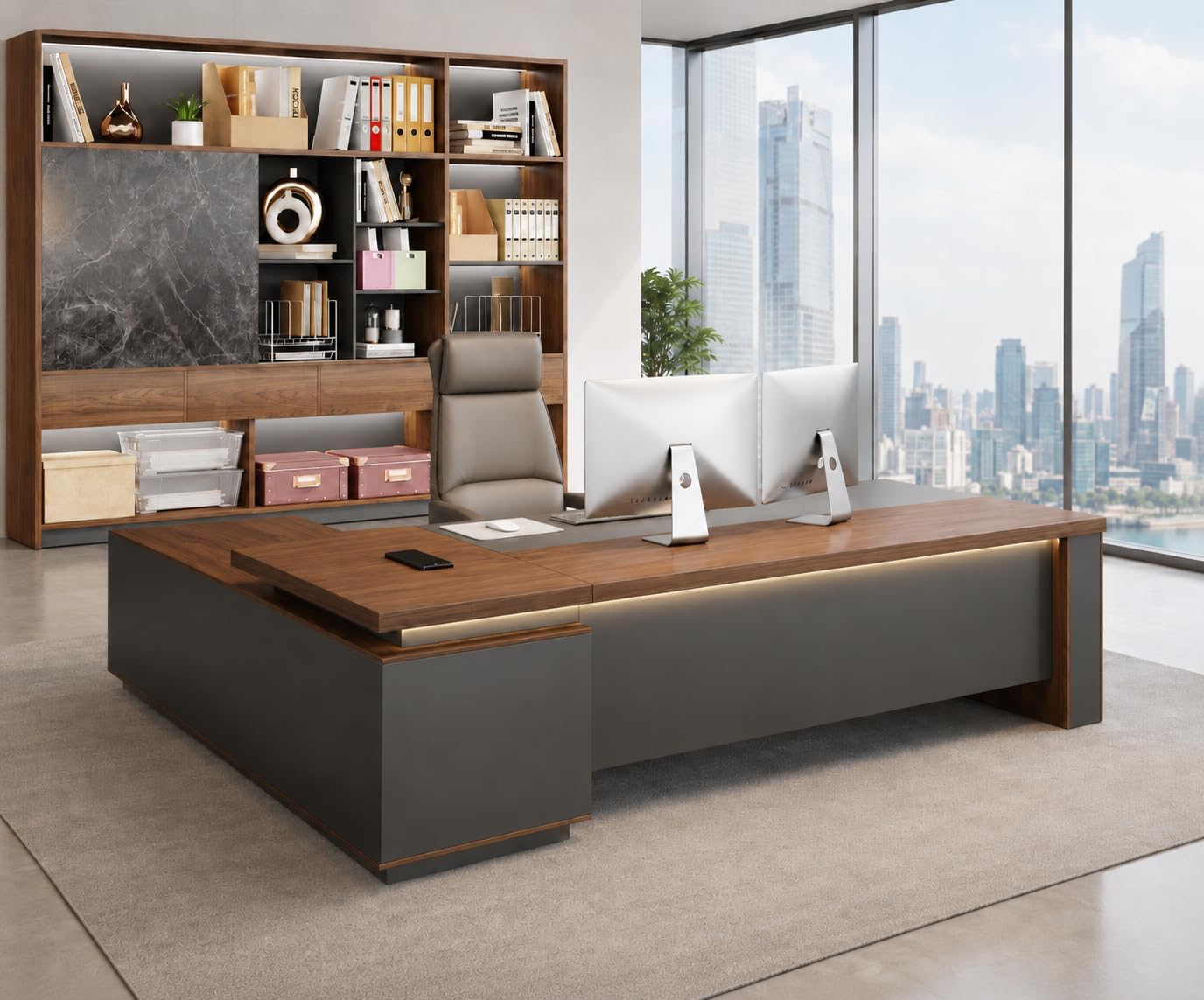 63″ Reversible L-Shaped Executive Desk with Drawers – Compact Office Computer Desk with Open Shelves, LED Lighting, Built-in Outlet & USB Ports for Home, Office, School (63″ W x 63″ D x 30″ H)