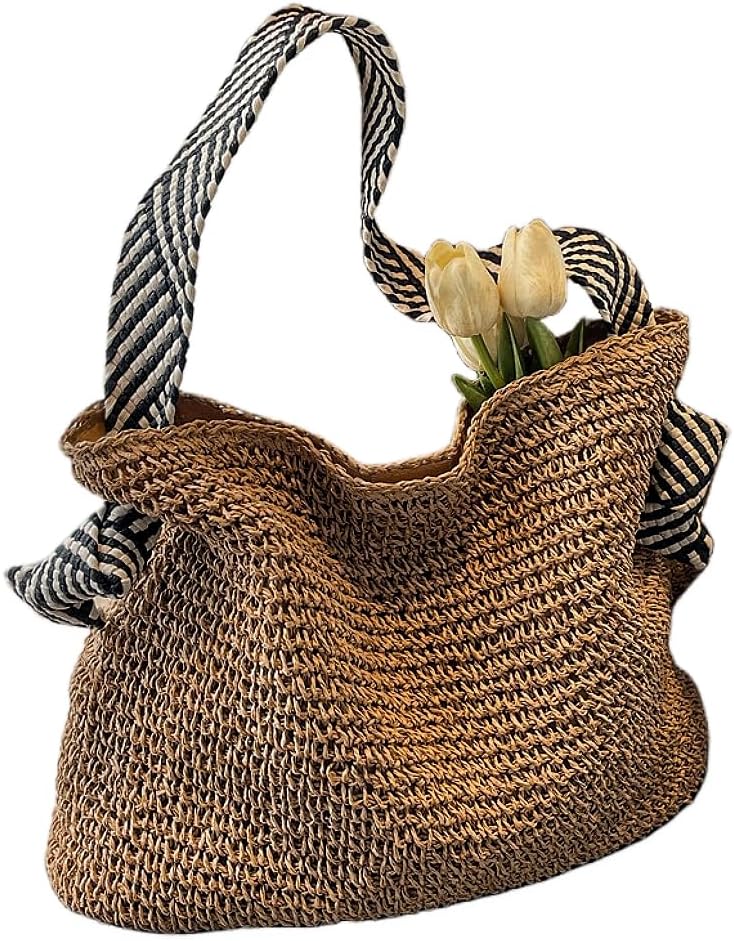 Large Straw Beach Bag for women Woven Summer Handbag Shoulder Bag with Black and White Patterned Woven Shoulder Straps