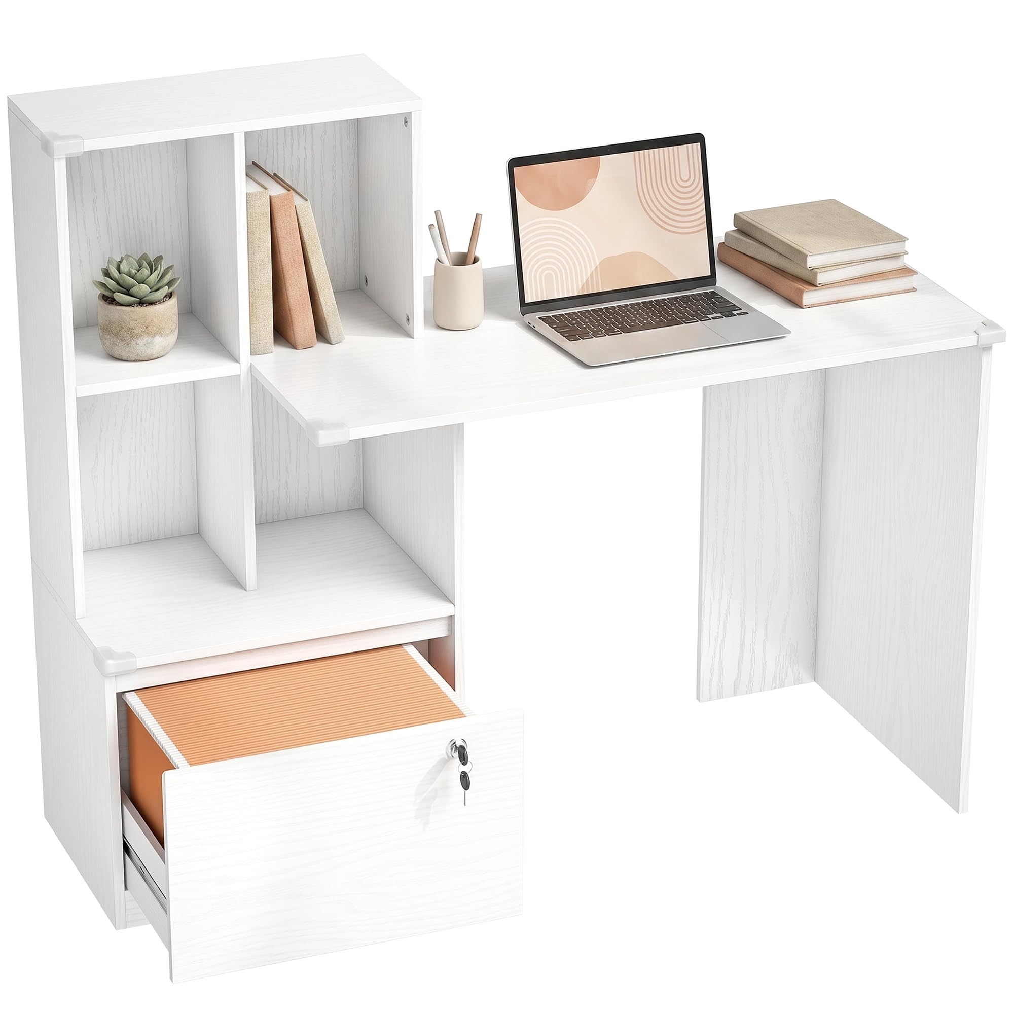 HOMCOM Scrivania 126 cm con cassetti bloccabili, grana del legno bianca | Scrivania per home office, libreria, scrivania, per camera da letto, studio