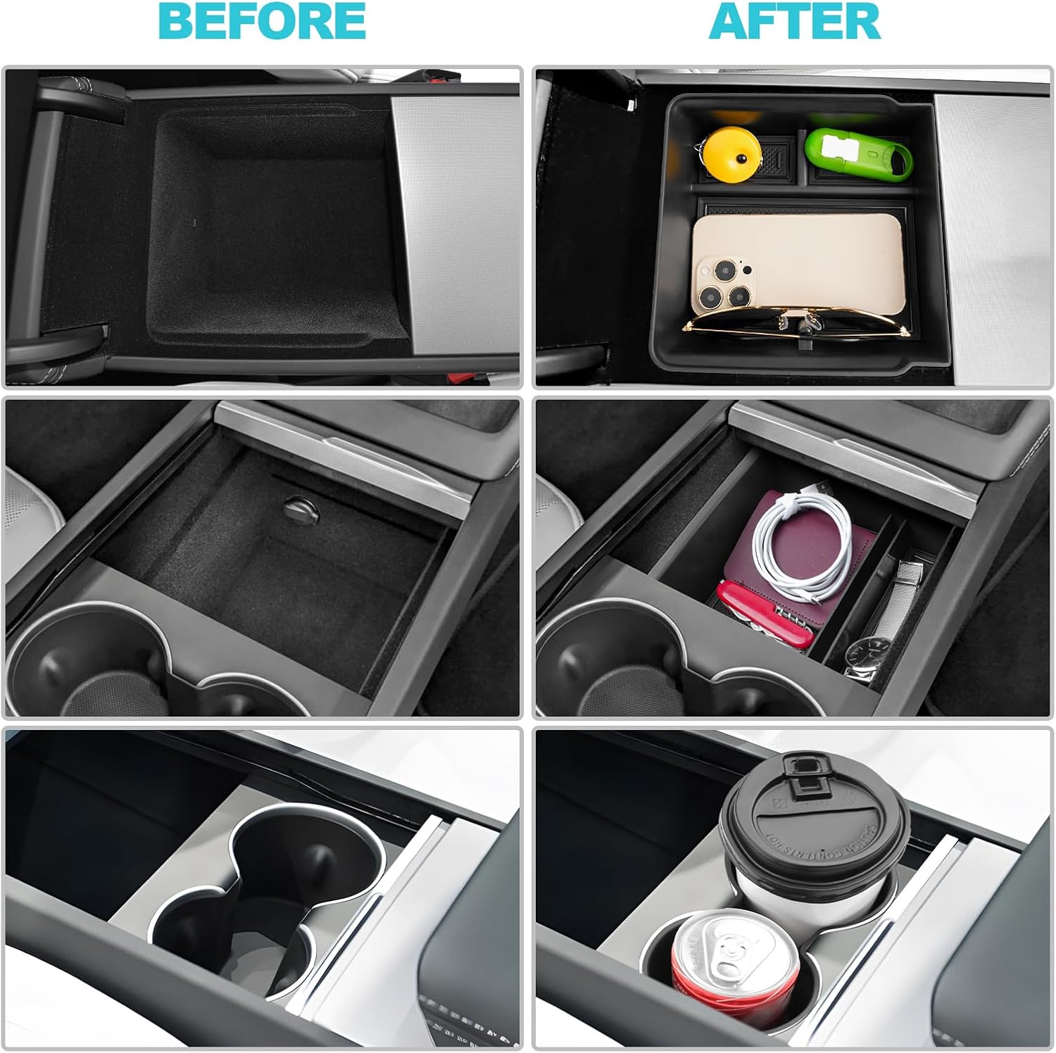 CDEFG 4PCS for 2024 Refreshed Tesla Model 3 Center Console Organizer Tray Compatible with 2024 Tesla Model 3 Accessories Center Console Organizer Tray Cup Holder Insert Hidden Cubby Drawer Storage Box