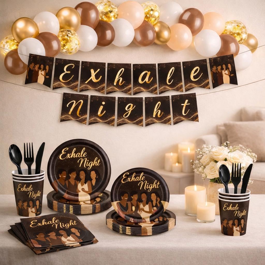 Exhale Night Party Set – Luxury Brown & Gold Girls Night Decorations with Plates, Cups, Balloons & Banner – Celebrate Friendship & Empowerment in Style