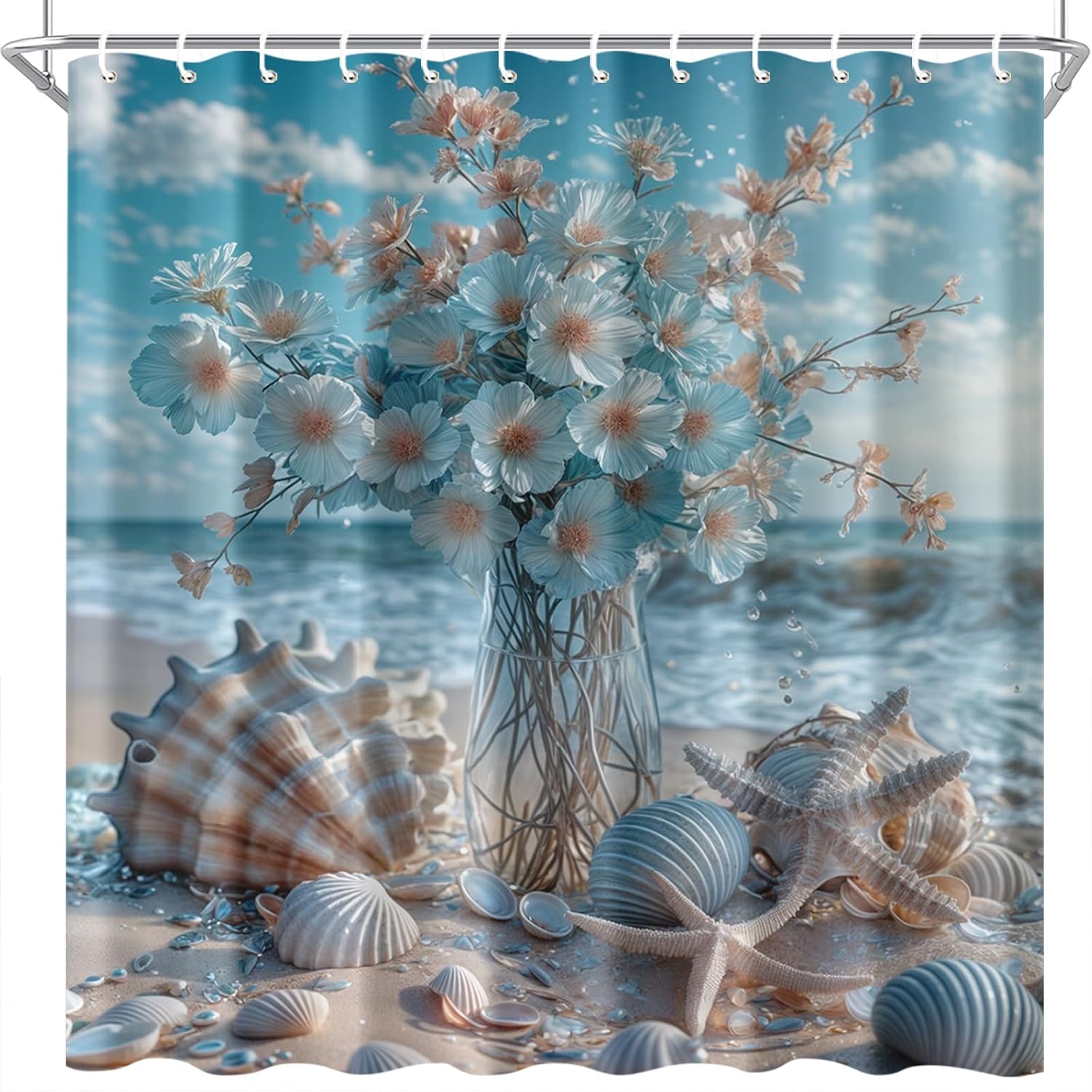 Ocean Beach Seashell Shower Curtain 72x72 Inch Coastal Floral Bathroom Decor Summer Nautical Sea Star Style for Home Tub Stall