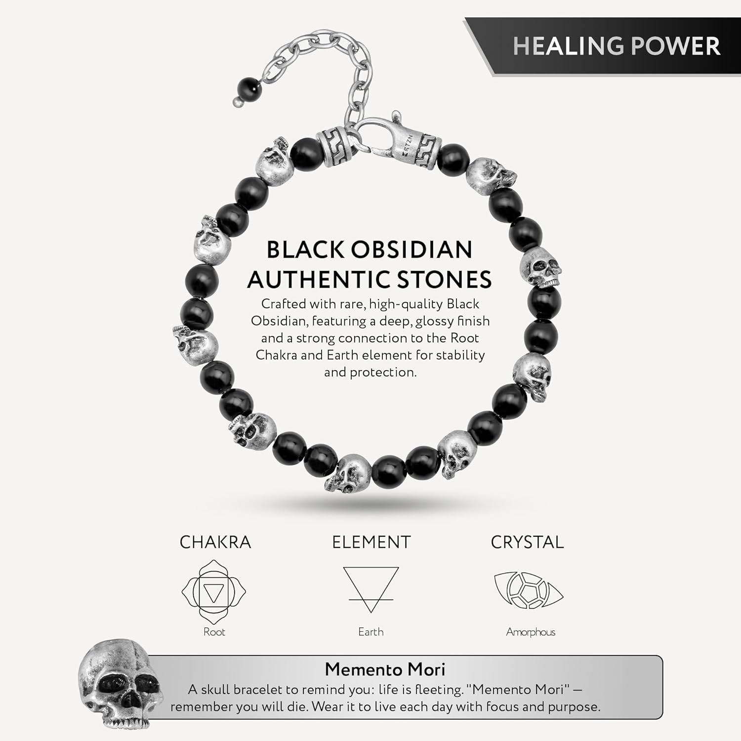RTZN® Black Obsidian Bracelet for Men – Premium Artisan Handcrafted Authentic Mens Black Obsidian Jewelry Beaded Bracelets – Adjustable Length Skull & Evil Eye Bracelet for Women or Men