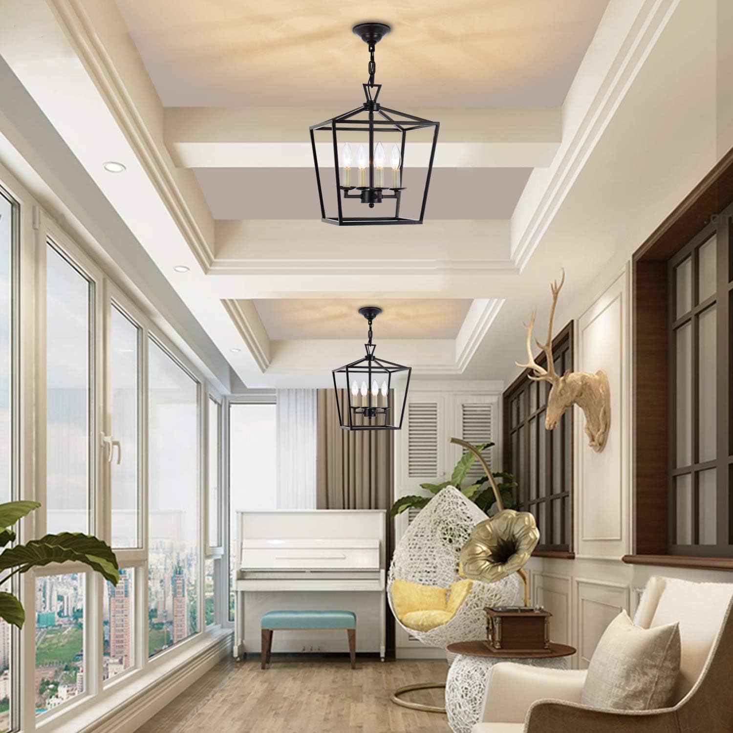 Exclusive A1A9 4-Light Lantern Chandelier Ceiling Light Fixture, Farmhouse Pendant Light Industrial Vintage Hanging Light for Dining Room, Stairway, Corridors, Aisles, Foyer (Black)