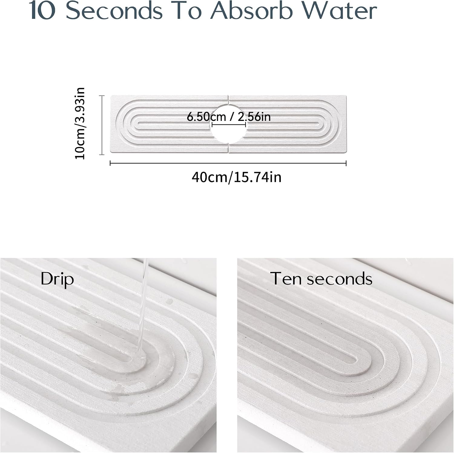 Diatomite Sink Splash Guard – Super Absorbent Kitchen & Bath Mat, Quick-Dry Non-Slip Drying Tray, Fits Most Faucets, Pet Bowl Mat, Vase Holder (White, 15.8'' x 4'')