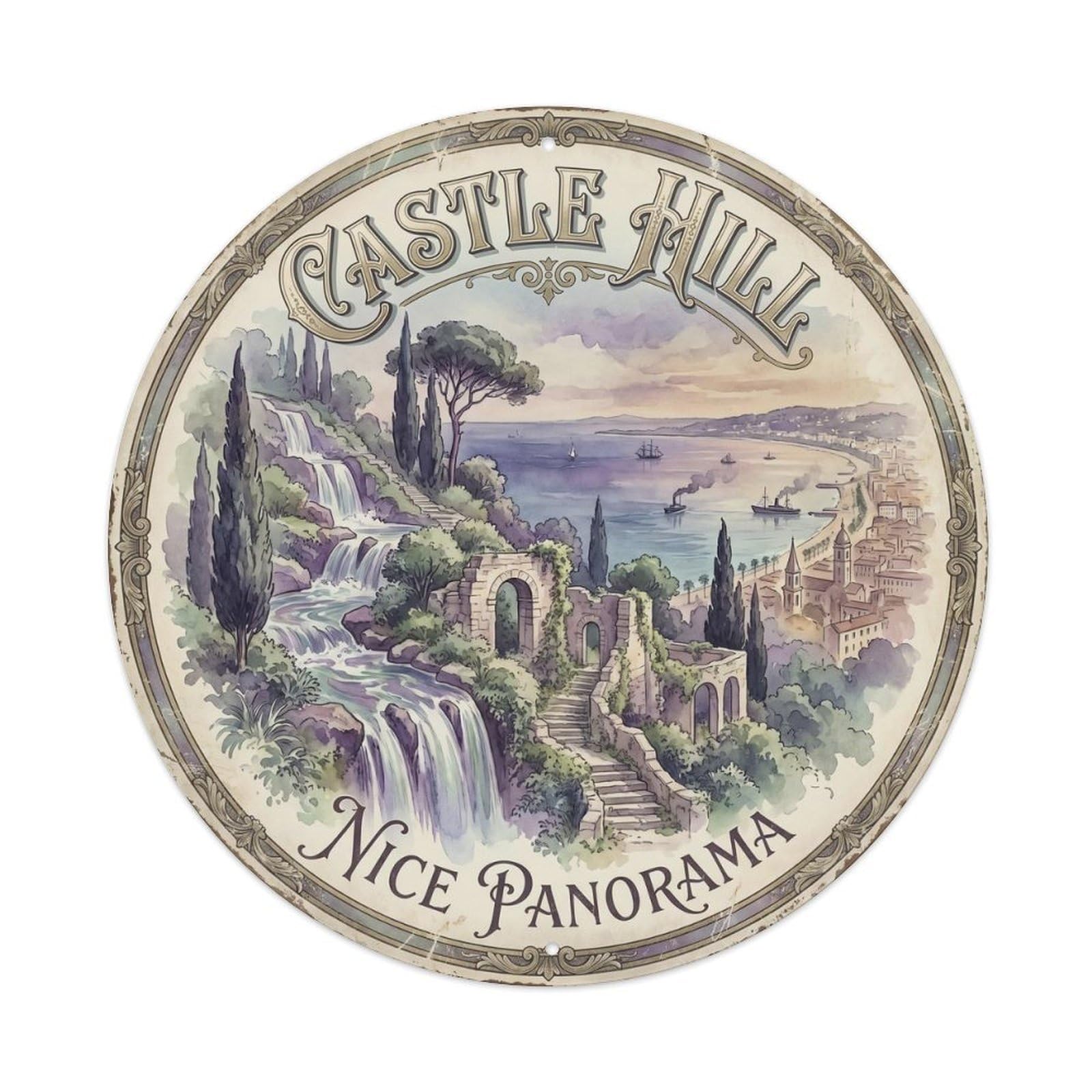 Castle Panoramic Study Hilltop Metal Tin Sign Plaque Wall Decor for Cafe, Club Bar, Office, Home Garden Round Metal Poster 8x8Inch