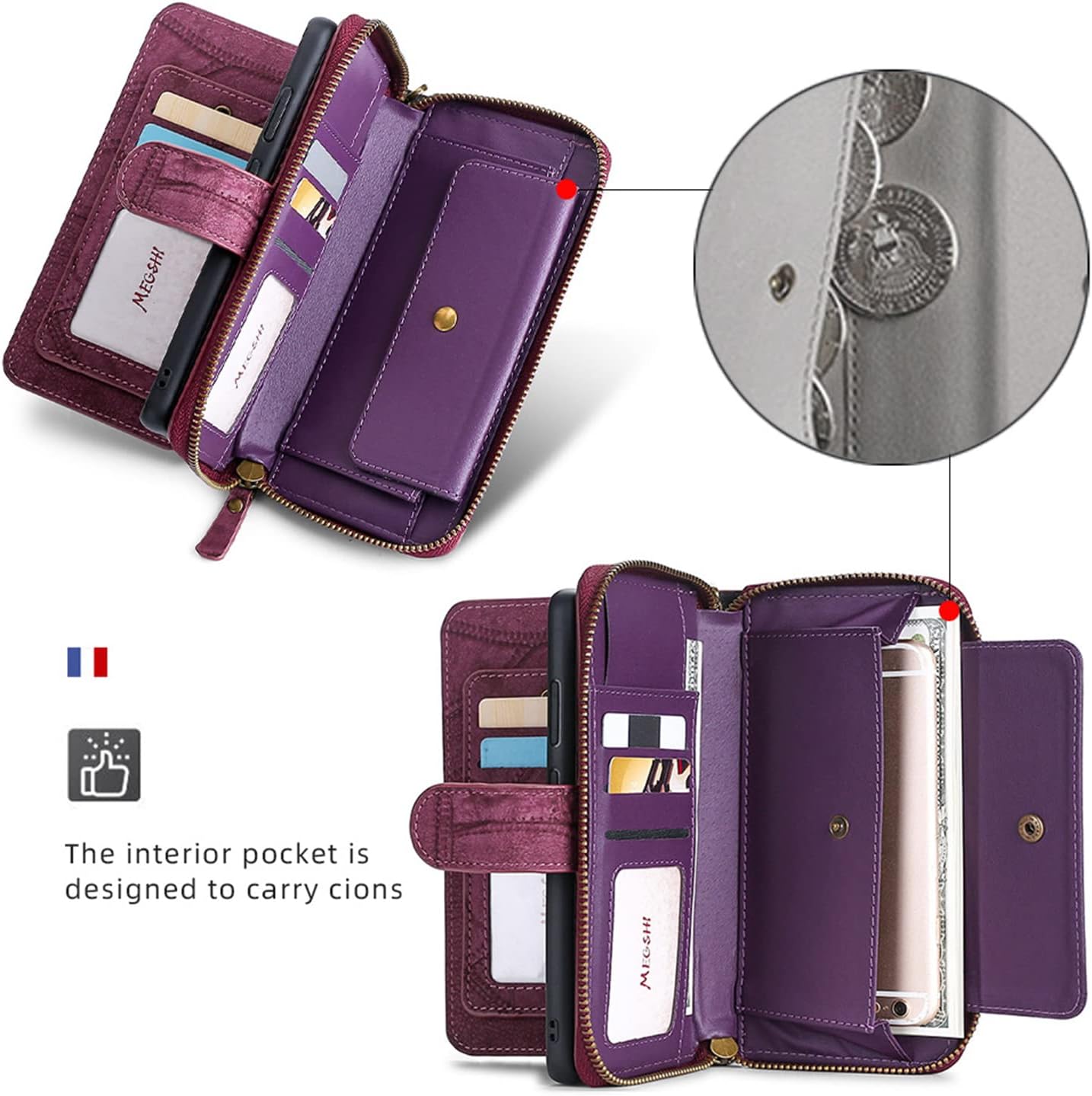 Wallet Case Compatible with Apple iPhone 13 Leather Purse Phone Case with Zipper Card Slots Holder & Wrist Strap & Mirror 2 in 1 Magnetic Flip PU Cover for Women Men(Red)