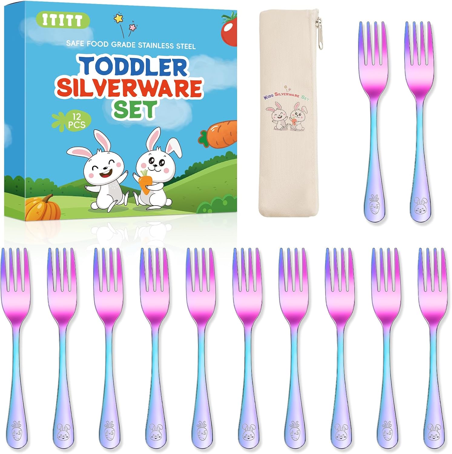 12 Pieces Stainless Steel Rainbow Toddler Forks Set Kids Forks - Food Grade Kids Silverware Set Children Safe Small Forks Mirror Polished Sturdy and Durable Dishwasher Safe