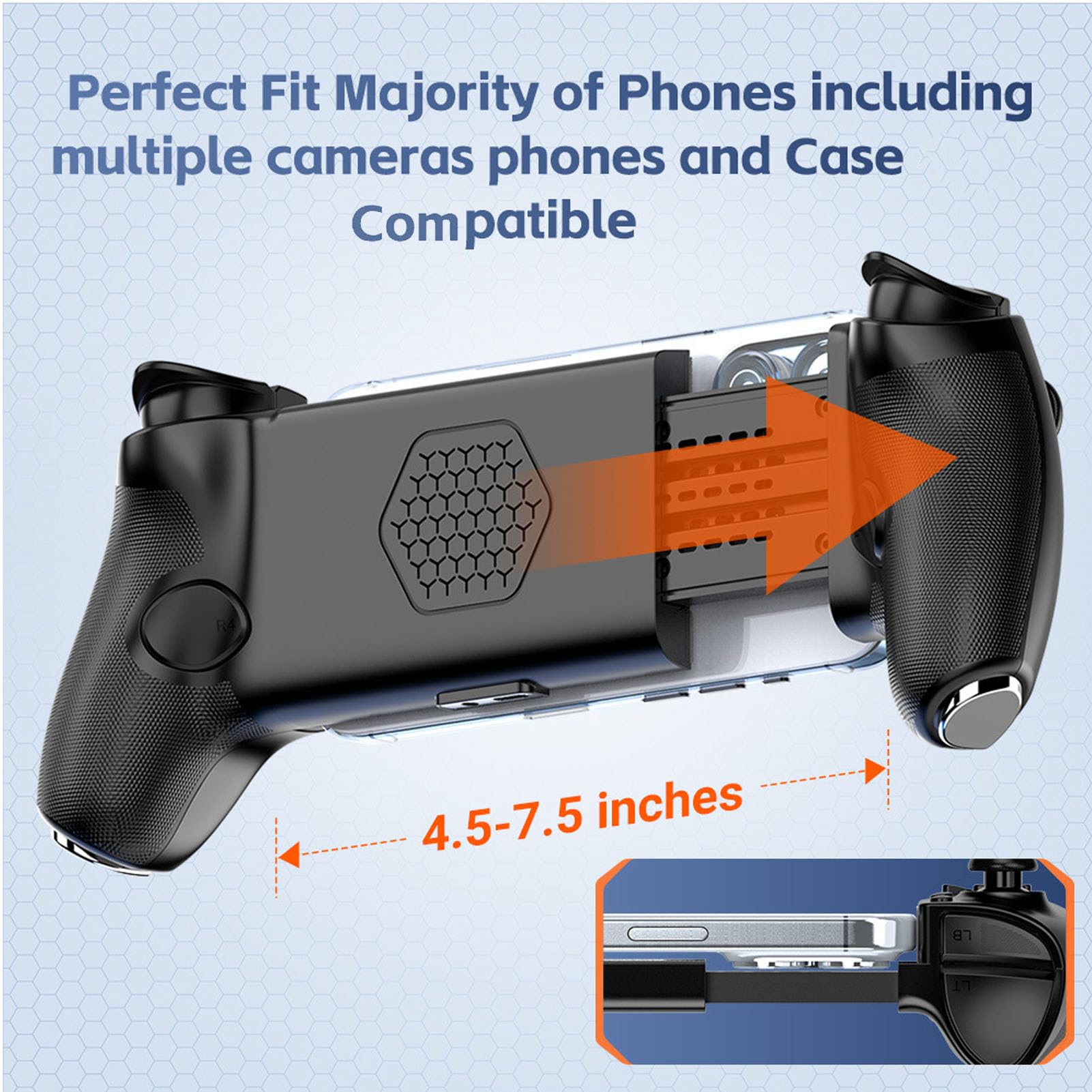 Cuifati Mobilny Kontroler do Gier z Wyzwalaczem Halla, Gamepad Bluetooth 5.3 dla Telefonów z Systemem IOS 12–7,5 Cala, Bezprzewodowy i Przewodowy Port USB C z funkcją ładowania Przelotowego, Mapowanie