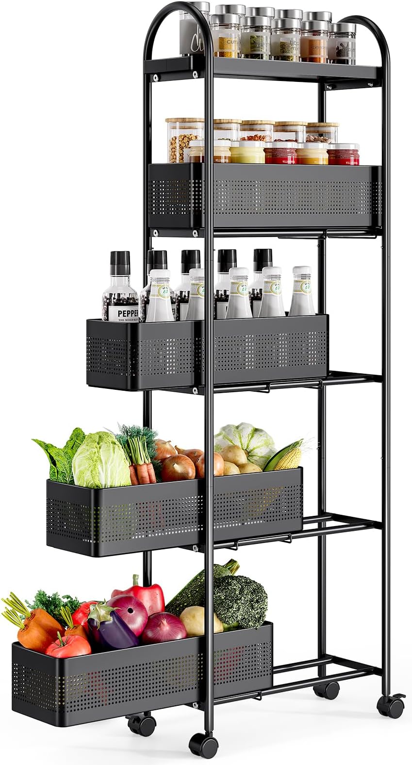 KINGRACK 5-Tier Slim Storage Cart with Pull Out Basket, Rolling Bathroom Organizer Utility, Metal Shelving Unit Slide Out, Lockable Wheels, Easy Assembly for Narrow Place, Kitchen, Laundry Room, Black