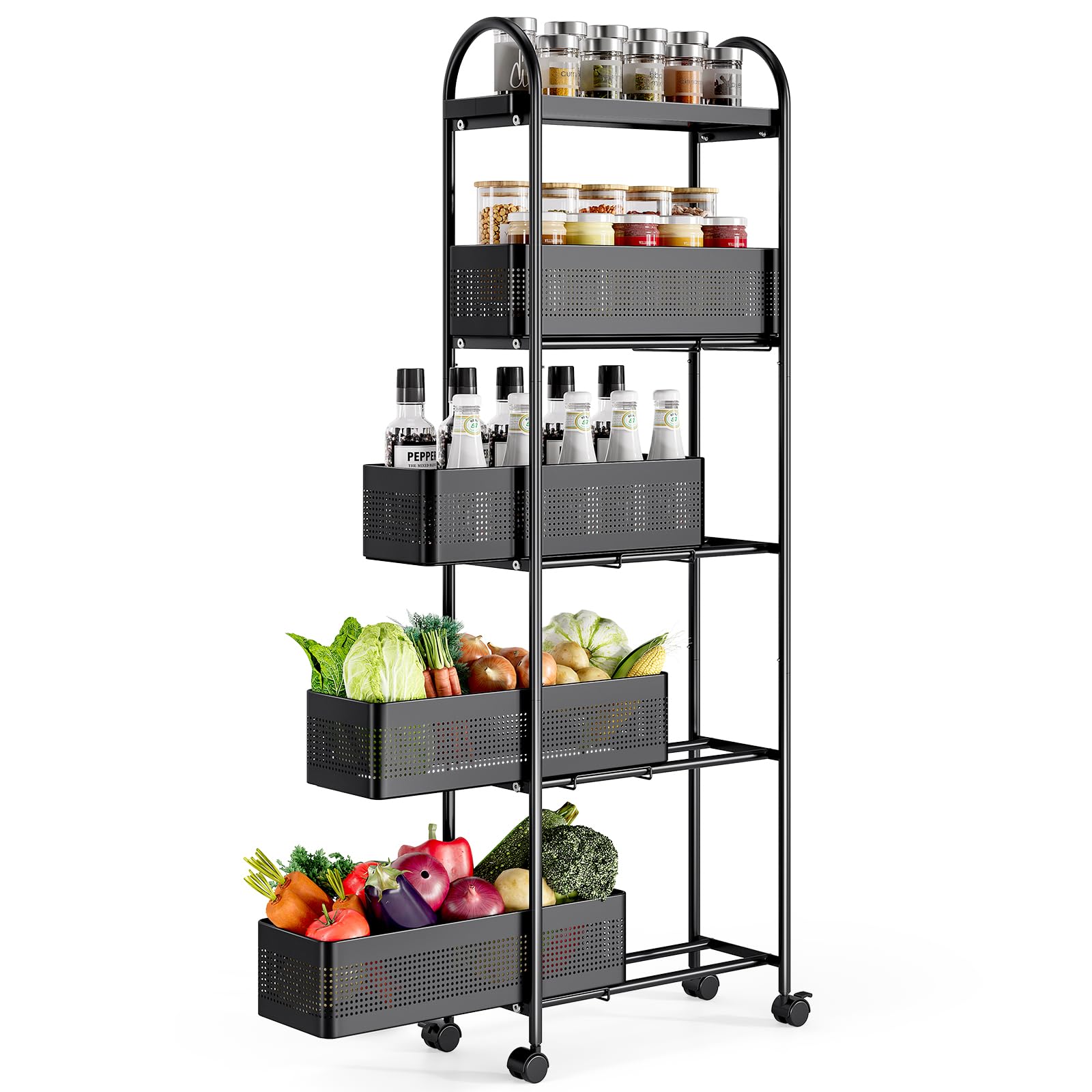5-Tier Slim Storage Cart with Pull Out Basket, Rolling Bathroom Organizer Utility, Metal Shelving Unit Slide Out, Lockable Wheels, Easy Assembly for Narrow Place, Kitchen, Laundry Room, Black