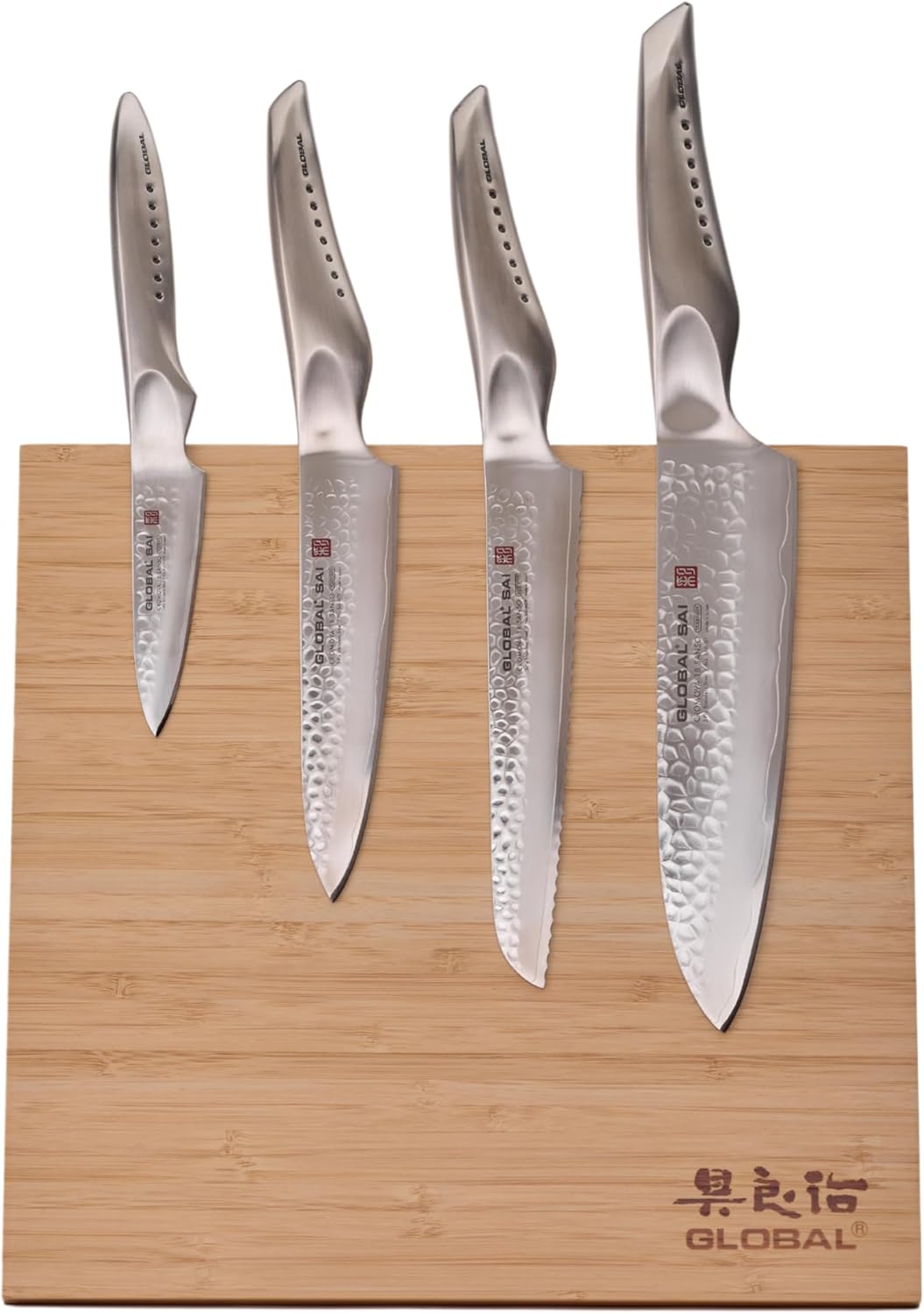 Global Bitoku 5 Piece SAI Essentials Set - Magnetic Easel, 4 Knives: 8 inch Chef's, 6 Inch Utility, 6 inch Serrated Utility, 3 inch Paring, Bamboo