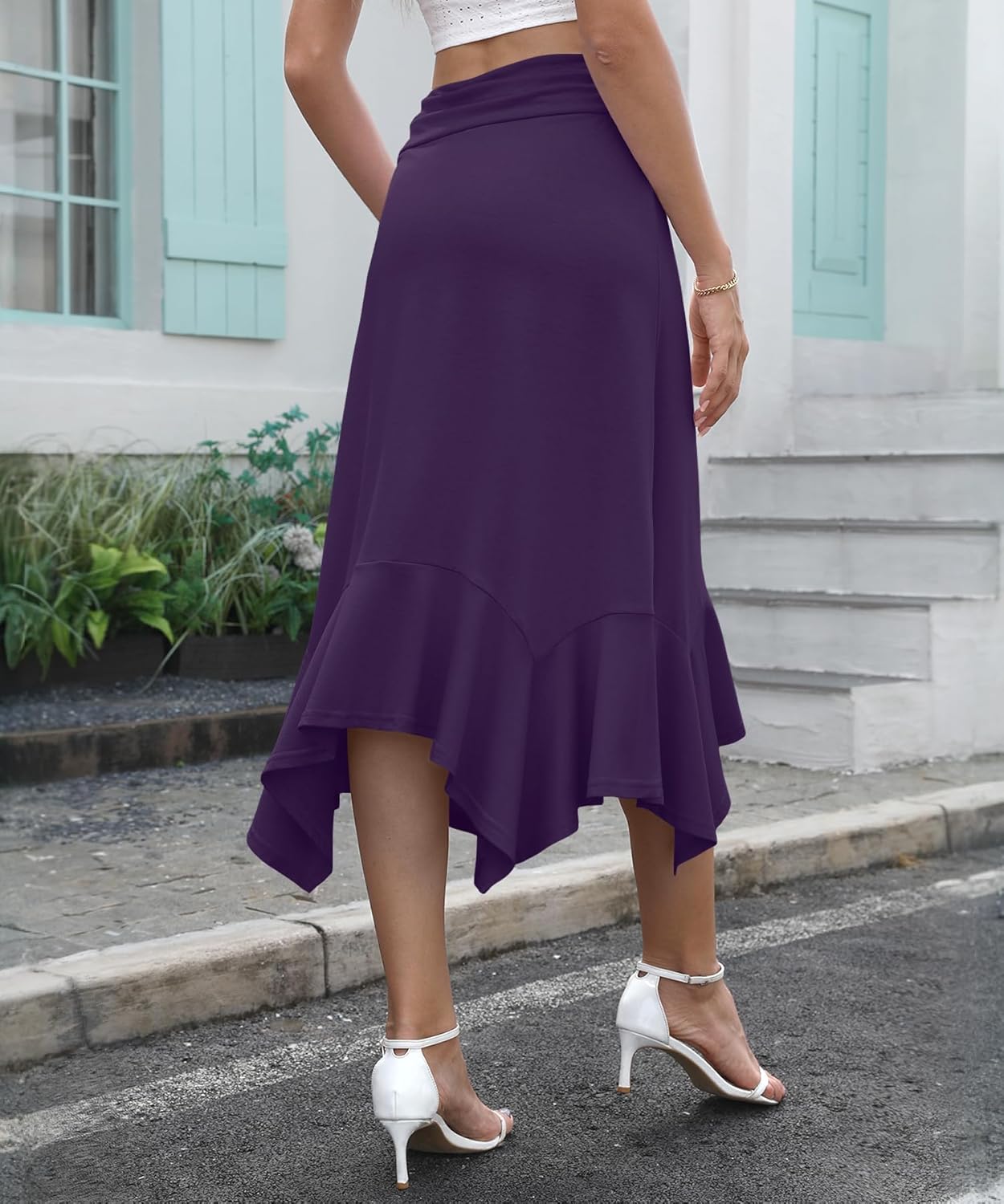 Midi Skirts for Women High Waisted Asymmetrical Handkerchief Hem Fold Over Waist Flowy Casual Summer Soft Knit Skirt - Image 4