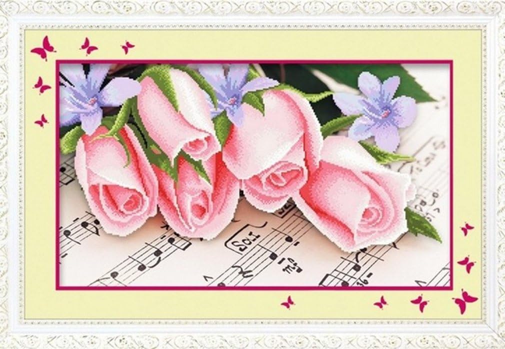 3D Pink Rose Flowers Cross Stitch Kit Silk Thread Music Embroidery Flower DIY Handmade Needlework Set