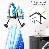Vista 7 de Soporte para tabla de planchar para montaje en pared, colgador de tabla de planchar sobre la puerta con cesta de almacenamiento, soporte de hierro