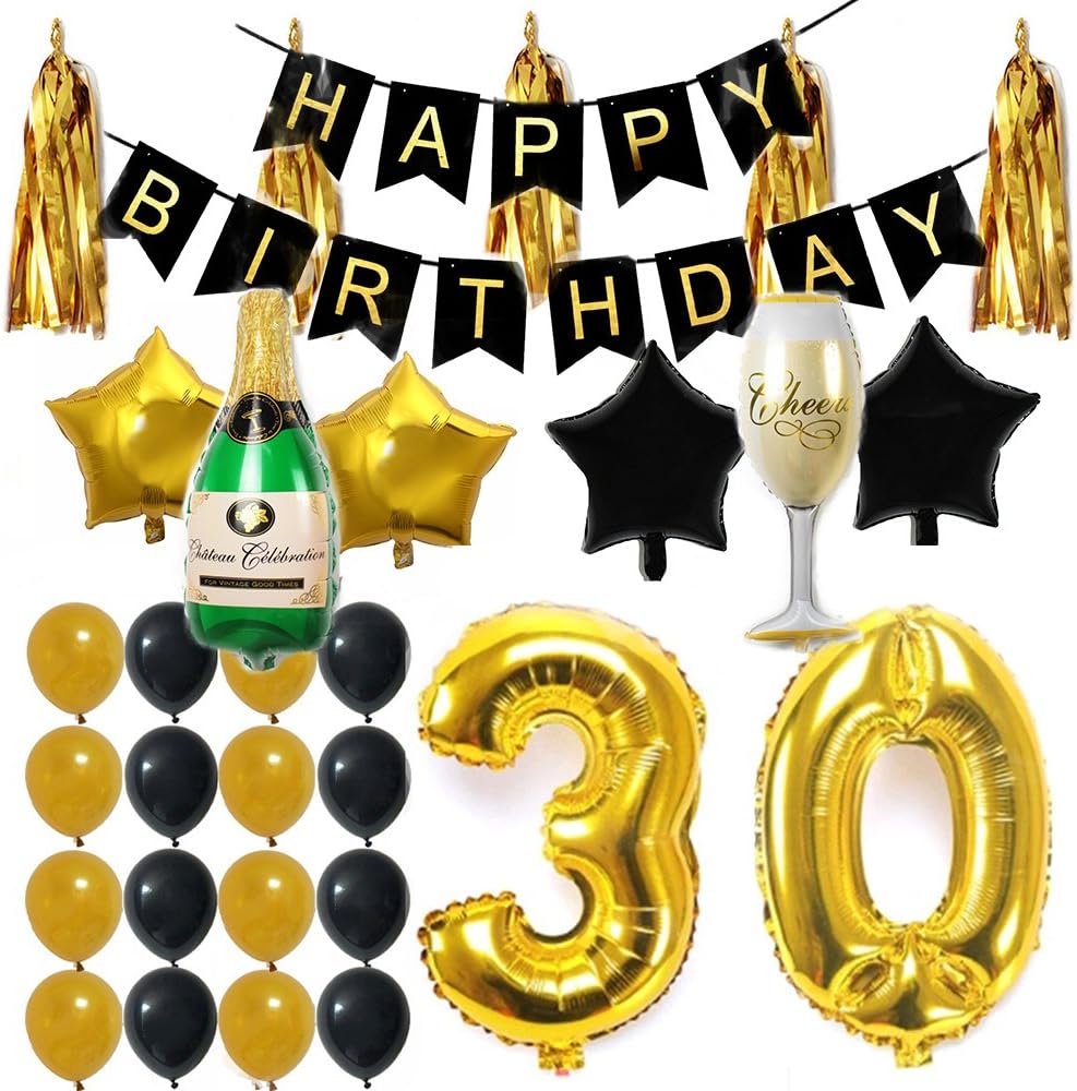 30th B-day Party Supplies Decorations Kit Pack , Happy Birthday Banner with Latex & Star Foil Balloons (30th)