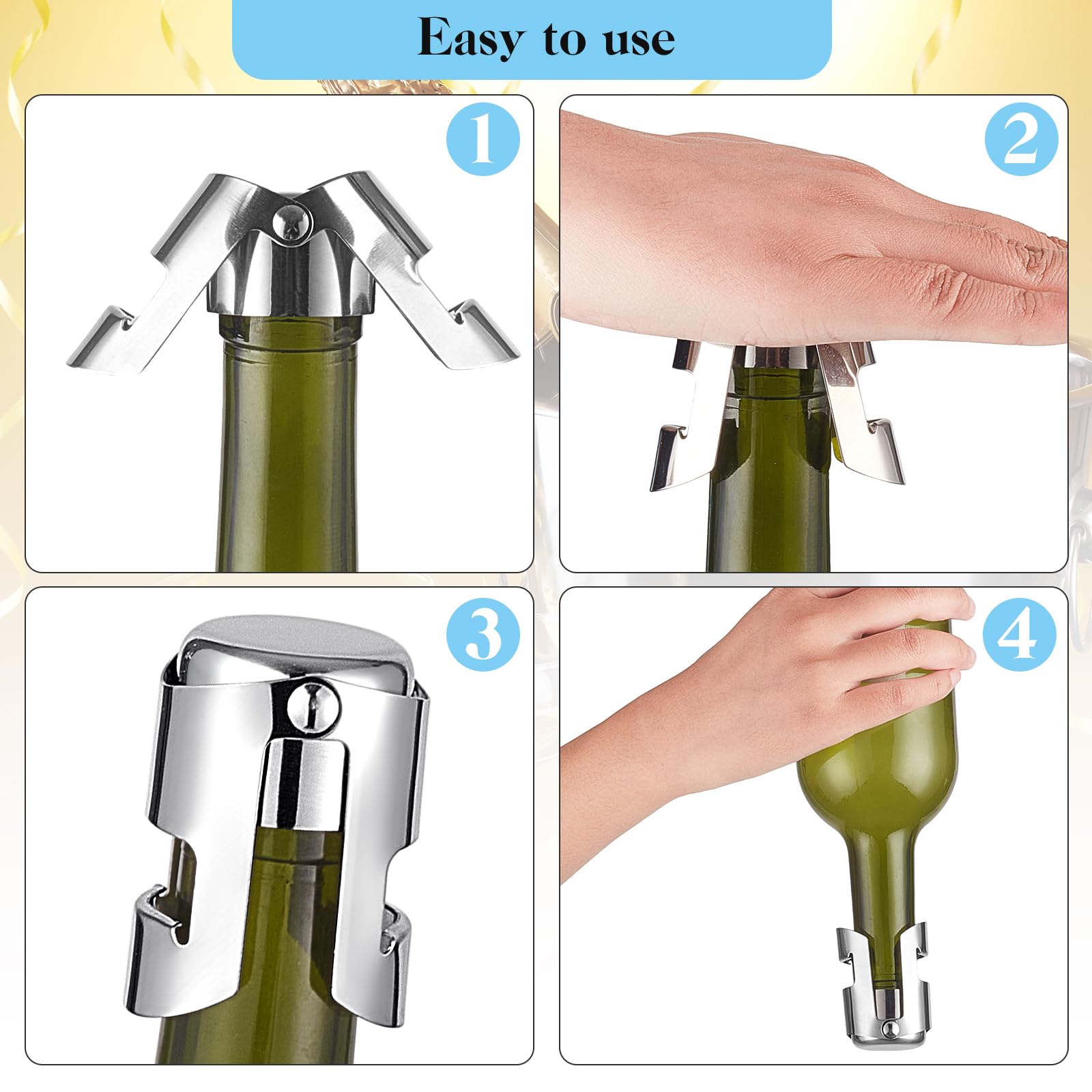 Tessco Lot de 18 bouchons de champagne réutilisables en acier inoxydable avec bouchon d'étanchéité intégré pour cava prosecco (argenté)