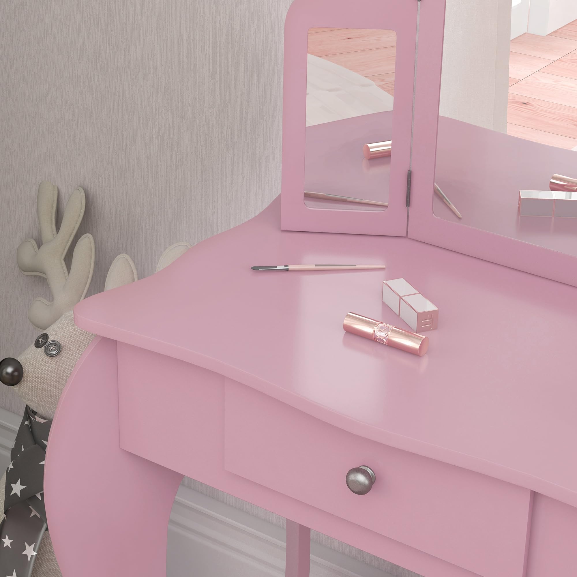 HOMCOM Tocador Infantil con Taburete y Espejo Ajustable, Tocador para Niñas con Cajón, Mesa de Maquillaje para Niños y Niñas de 3-6 Años, Rosa