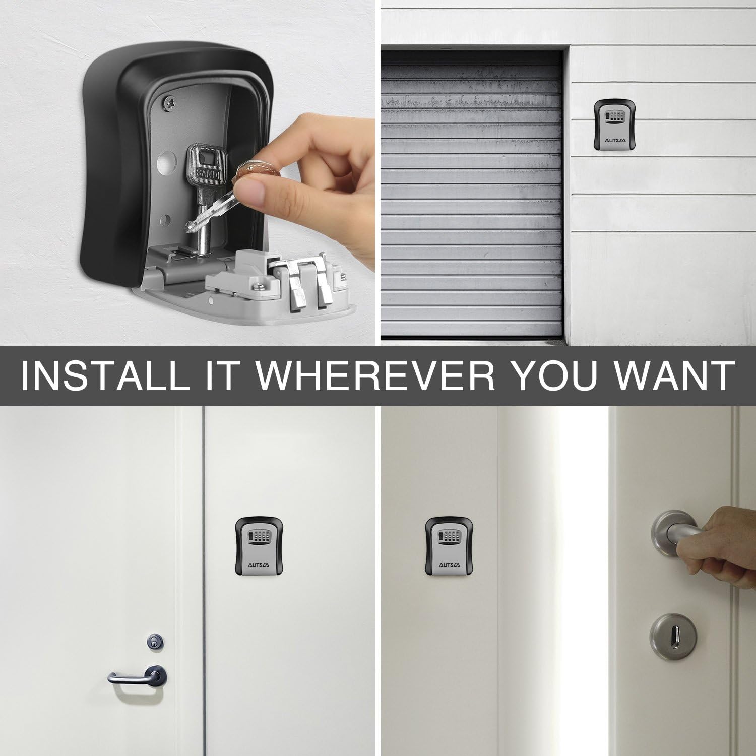 AUTSCA Key Box Wall-mounted Stainless Steel Key Safe Weatherproof 4 Digit Combination Suitable for Warehouse, Family