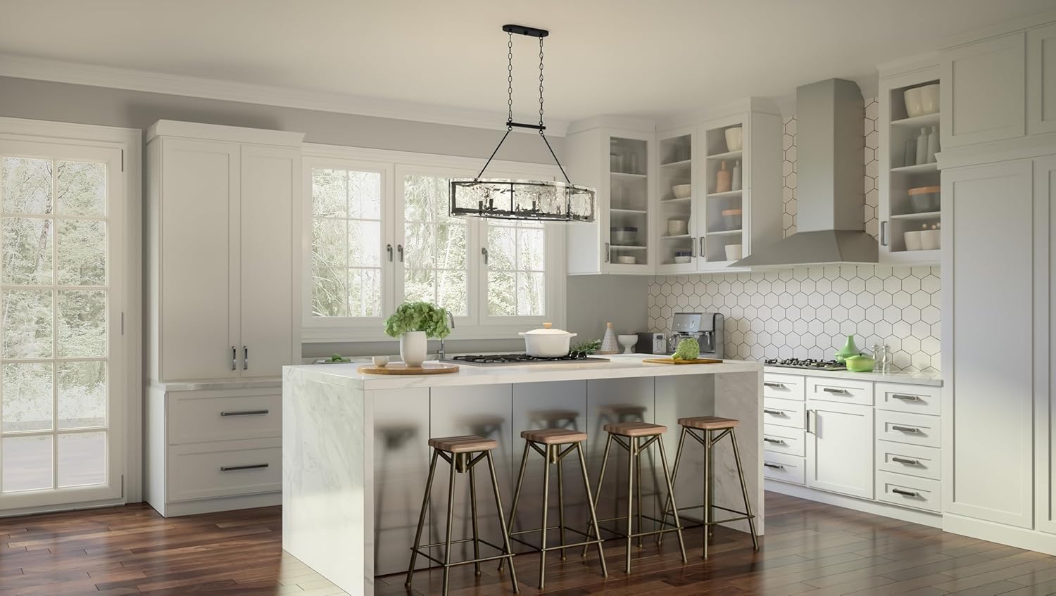 Quoizel Fortress Linear Chandelier, 39 Inch 6-Light, Earth Black Island Pendant Light, 60W, Max Adjustable Height 77", Textured Glass Light for Kitchen Island, Dining, Hallway or Bedroom