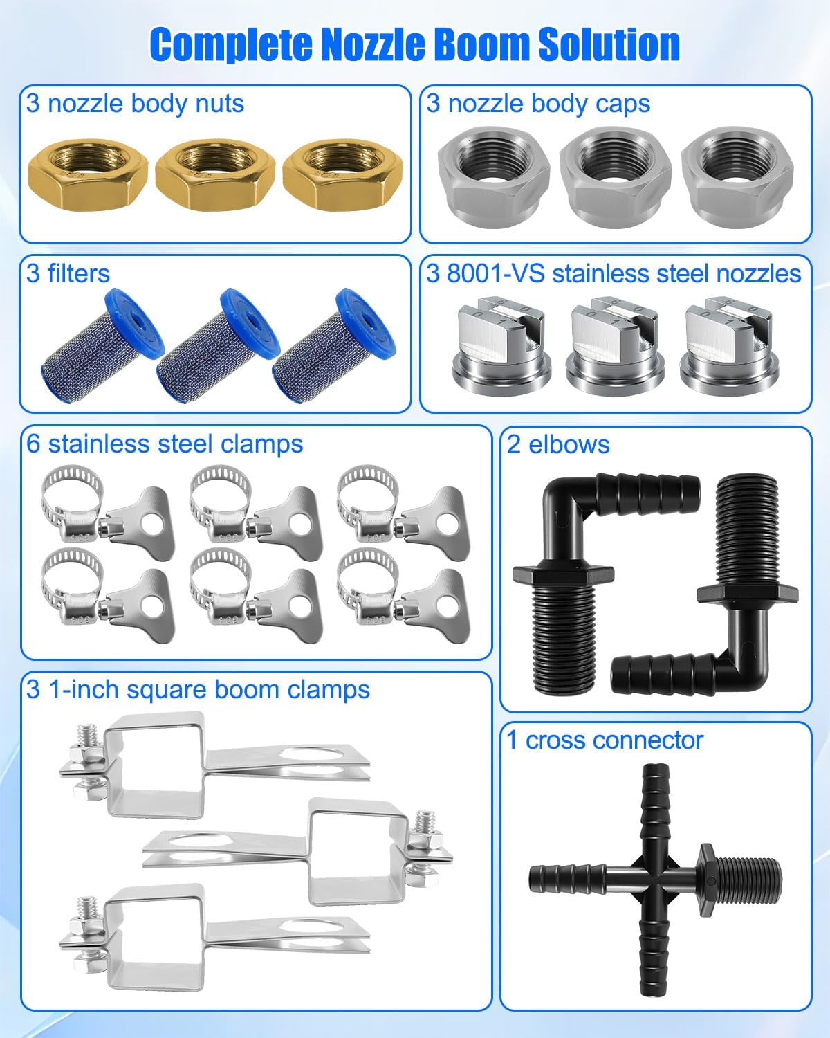 Spray Boom Repair Kit for 3 Nozzle Booms, Includes 8001-VS Stainless Tips, 50 Mesh Screens, 3/8 Inch Nozzle Bodies, Elbows and Cross, 304 Stainless Nuts and 1 Inch Square Boom Clamps