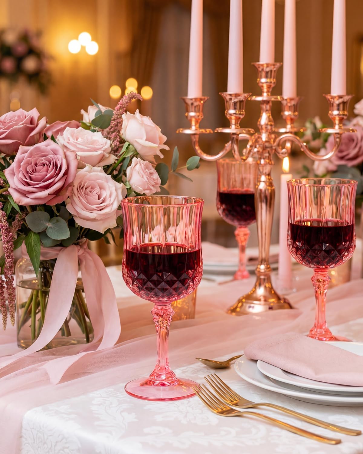 Ciaell 24PCS Pink Plastic Wine Glasses - 7 Oz Plastic Goblets for Party - Pink Vintage Drinking Glasses - Disposable Water Goblets Set for Wedding, Bar, Wine, Cocktail, Whiskey & Mother's Day