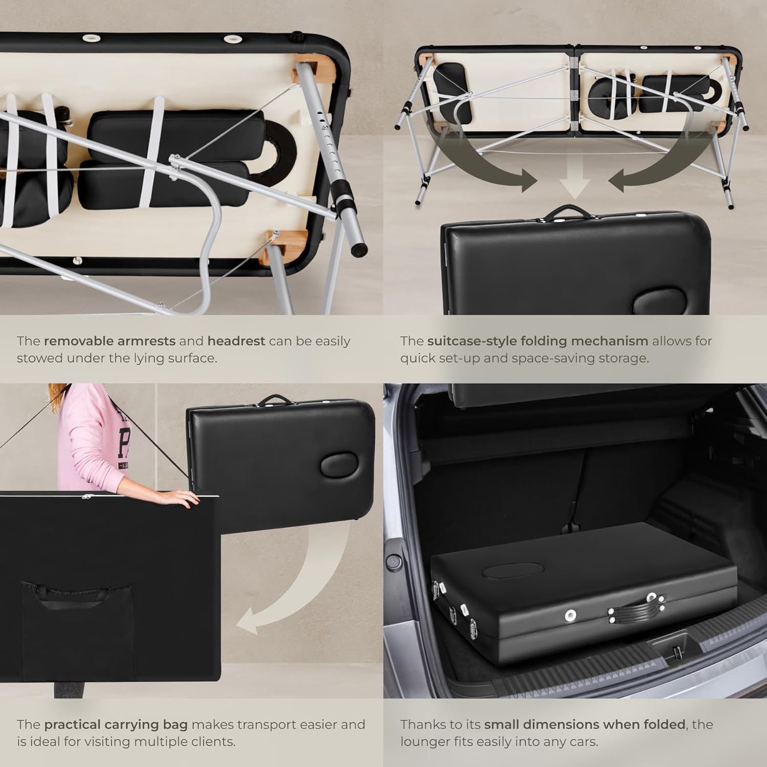 Image illustrating the 8-step height adjustment of the massage table, showing the table being raised and lowered, with a person receiving a massage on the table.