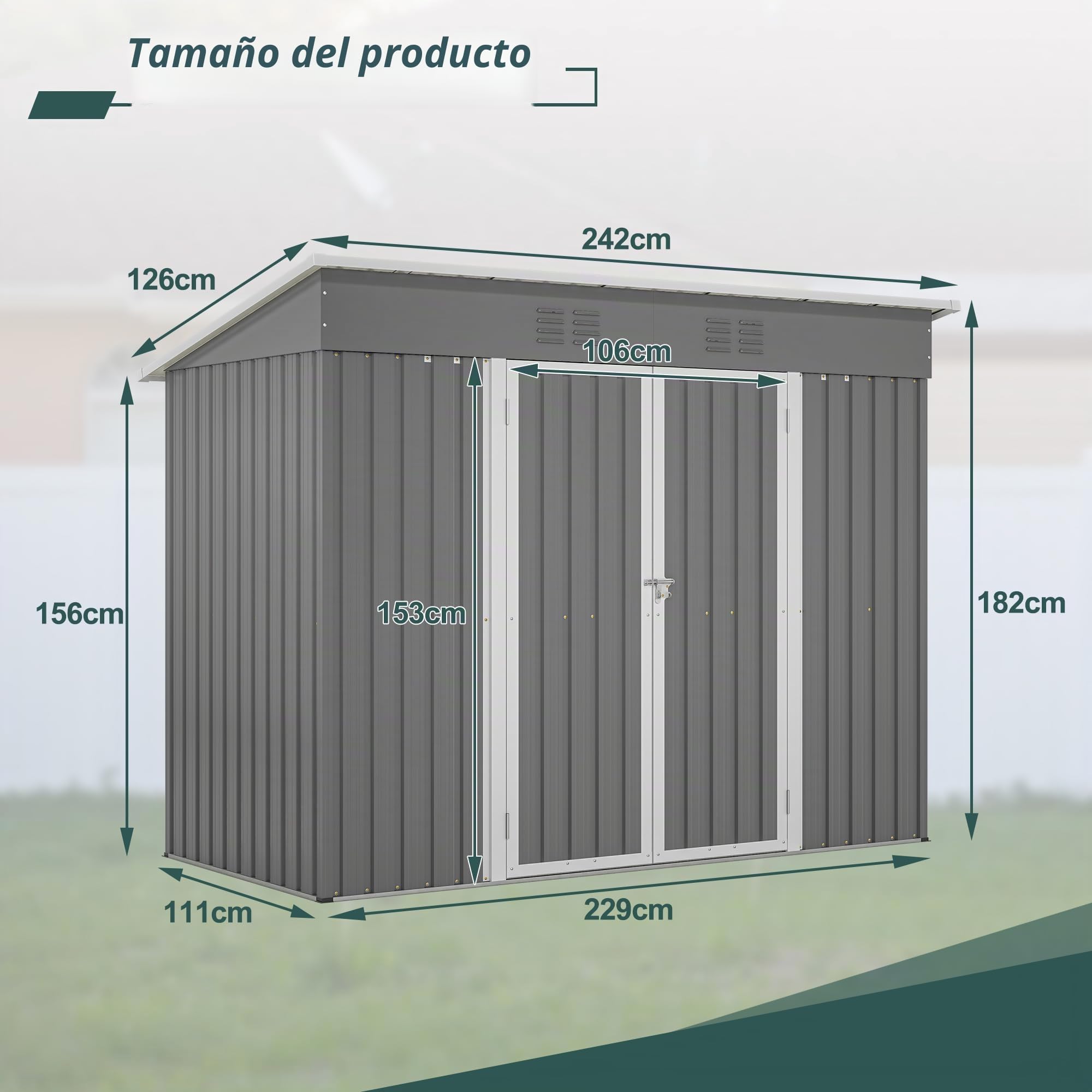 Caseta de jardín de metal 8x4 pies, caseta de herramientas incluye base de metal (sin suelo), armario de jardín de metal con tejado inclinado y puerta, resistente a la intemperie, cobertizo para