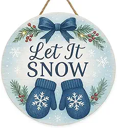 Let It Snow Guirlanda de inverno, guirlandas de Natal para porta da frente, luvas azuis rústicas de madeira, decoração de floco de neve, sinal de casa de fazenda, janela de parede, exterior, interior