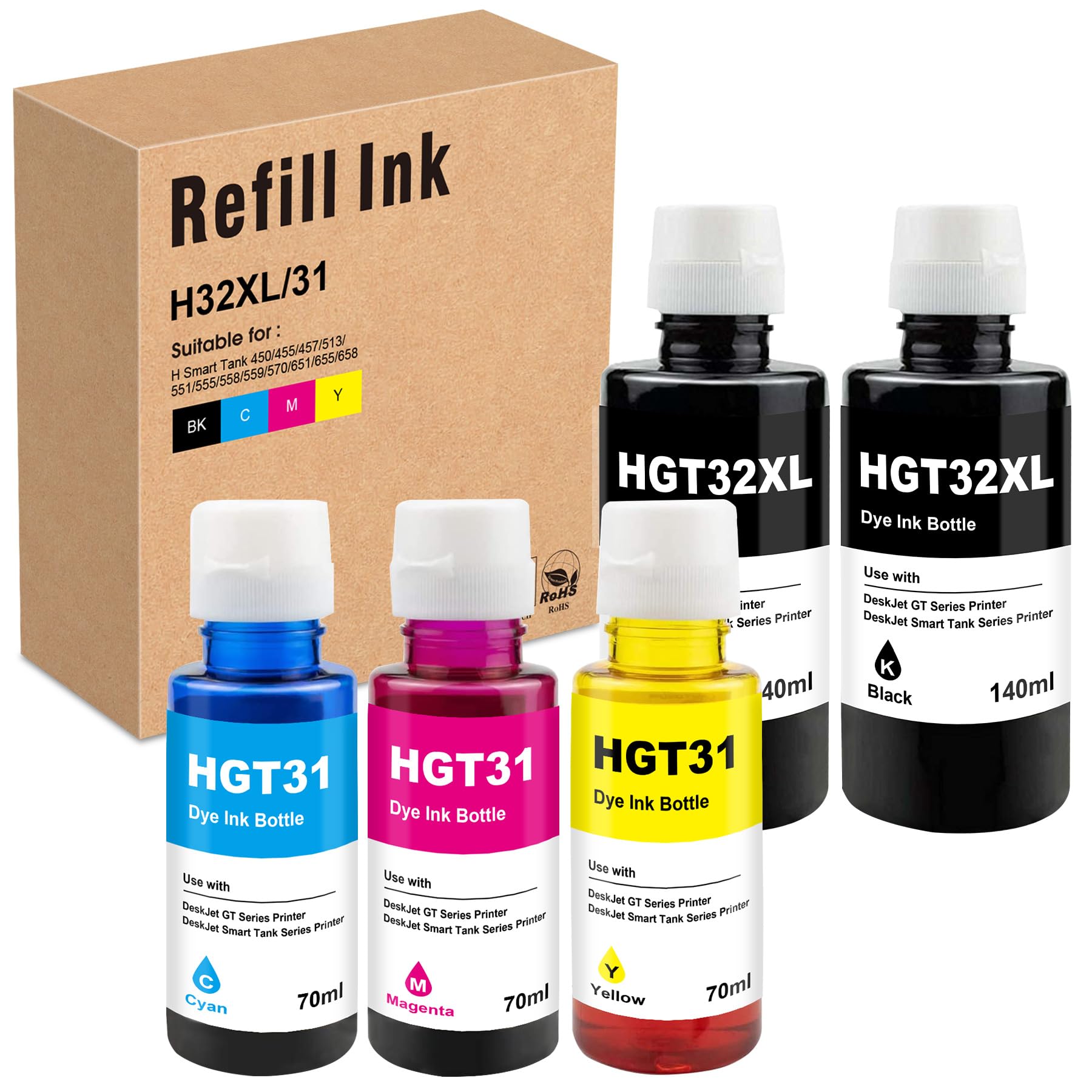 31 Ink Bottles 70mL 32XL 32 XL Black Ink 140mL for HPQ Smart Tank 7005 7305 5105 5107 7006 7306 7605 Smart Tank Plus 455 555 570 559 319 415 419 515 516 519 530 558 (5 Pack)