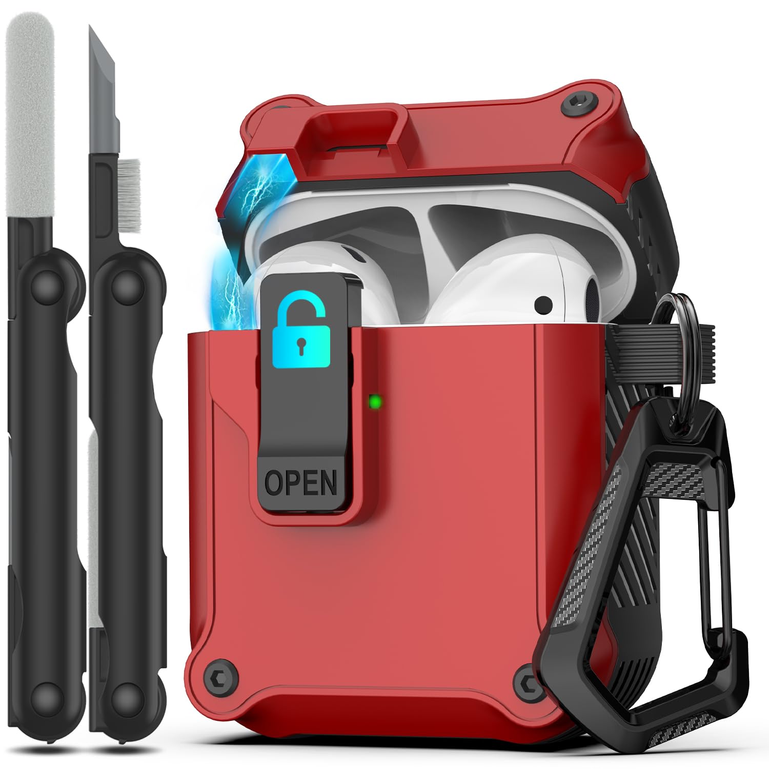 RFUNGUANGO for Airpods 2nd and 1st Generation Protective Cases Automatic Pop-up with Safety Lock Clip, Full Body Shockproof Hard Case with Keychain (