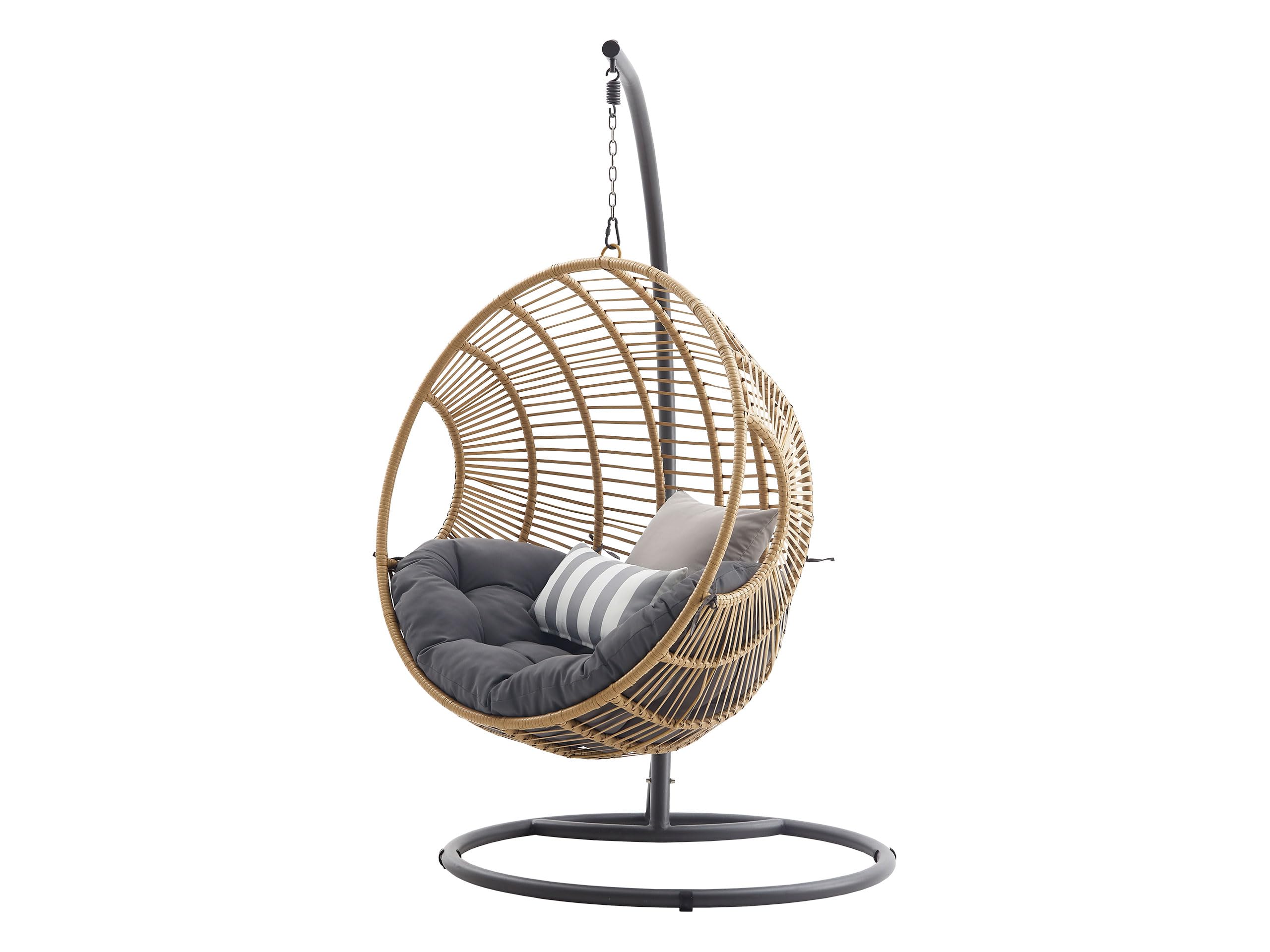 Mirjan24 Hängesessel mit Gestell und Kissen Nora, Hängestuhl mit Rückenkissen, Hängesitz, Hängekorb, Stahlskelett, Indoor & Outdoor (grau/natürliches Rattan + Kissen: grau 17)