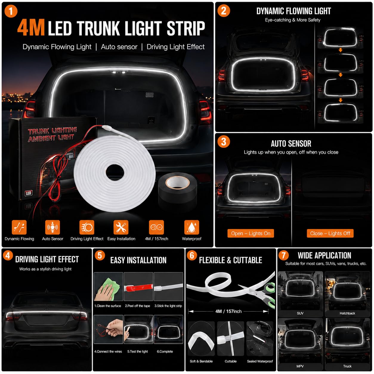 Taśma świetlna do bagażnika 4 m, Dynamic Flowing Car Trunk Strip, oświetlenie bagażnika, taśma LED, automatyczny czujnik, do dekoracji bagażnika samochodowego (biała)