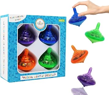 The Dreidel Company Four Hanukkah Musical Light-Up Dreidel Spinning Tops Set, Plays 2 Classic Hanukkah Songs, Assorted Colors 4-Pack