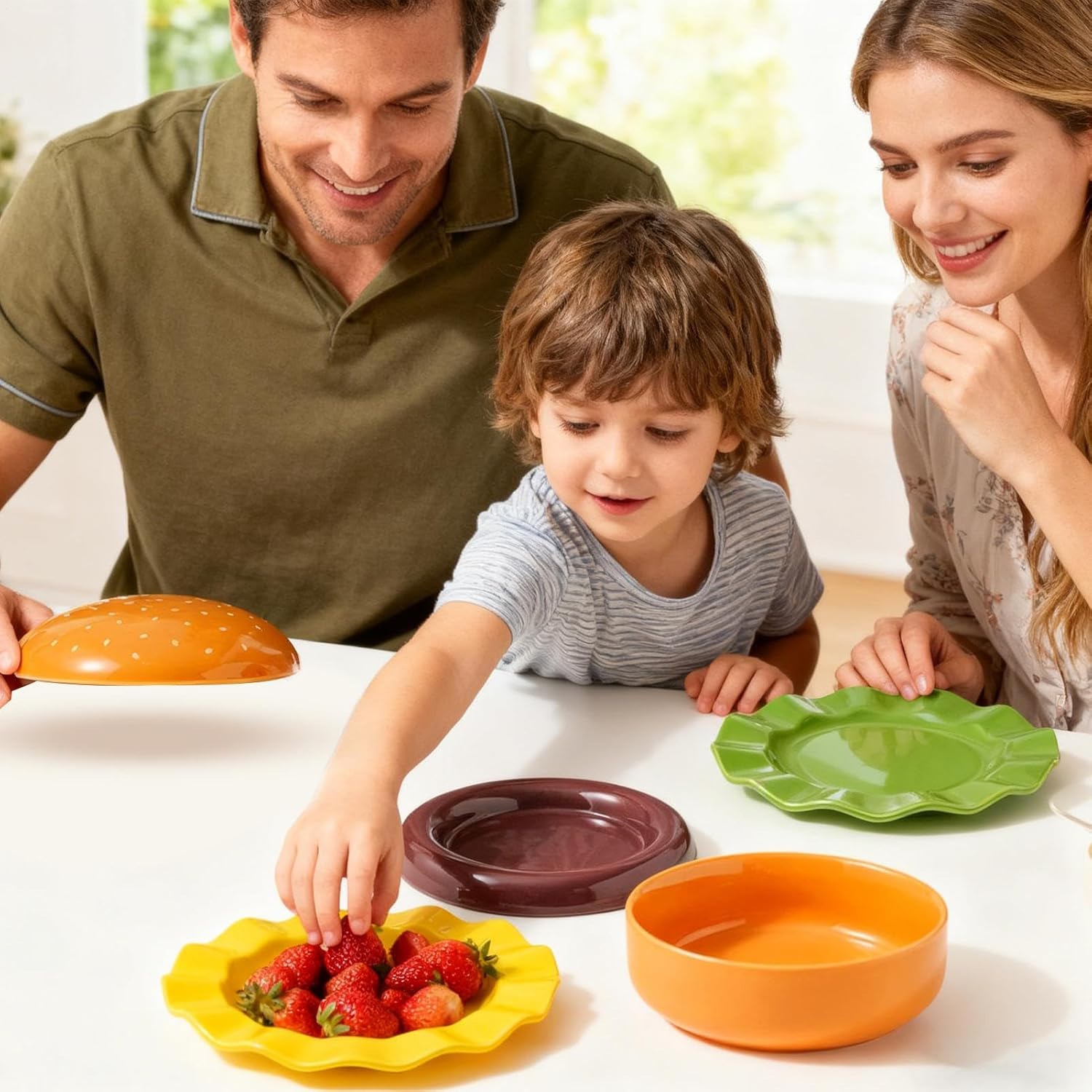 Burger Plate Set - Stackable Ceramic Dinnerware | Cute Appetizer Serving Plates with Smooth Glazed Finish, Durable Oven Design & Space Saving Stackable Structure for Parties Picnics Home D