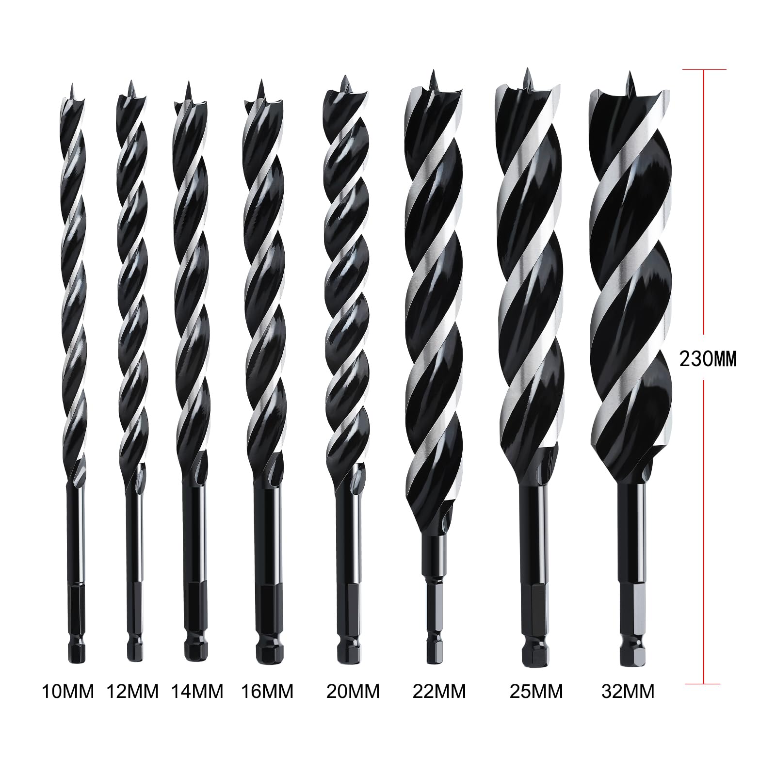 hsawbit Wood Drill Bit Set, 8pcs Auger Drill Bit Set Extra Long Wood Drill Bits 230mm*10mm/12mm/14mm/16mm/20mm/22mm/25mm/32mm - Image 2