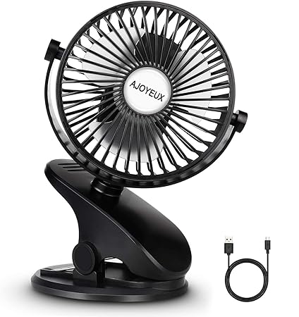 AJOYEUX Battery Operated Clip on Fan for Baby Stroller, Car Seat, Personal Camping - Black