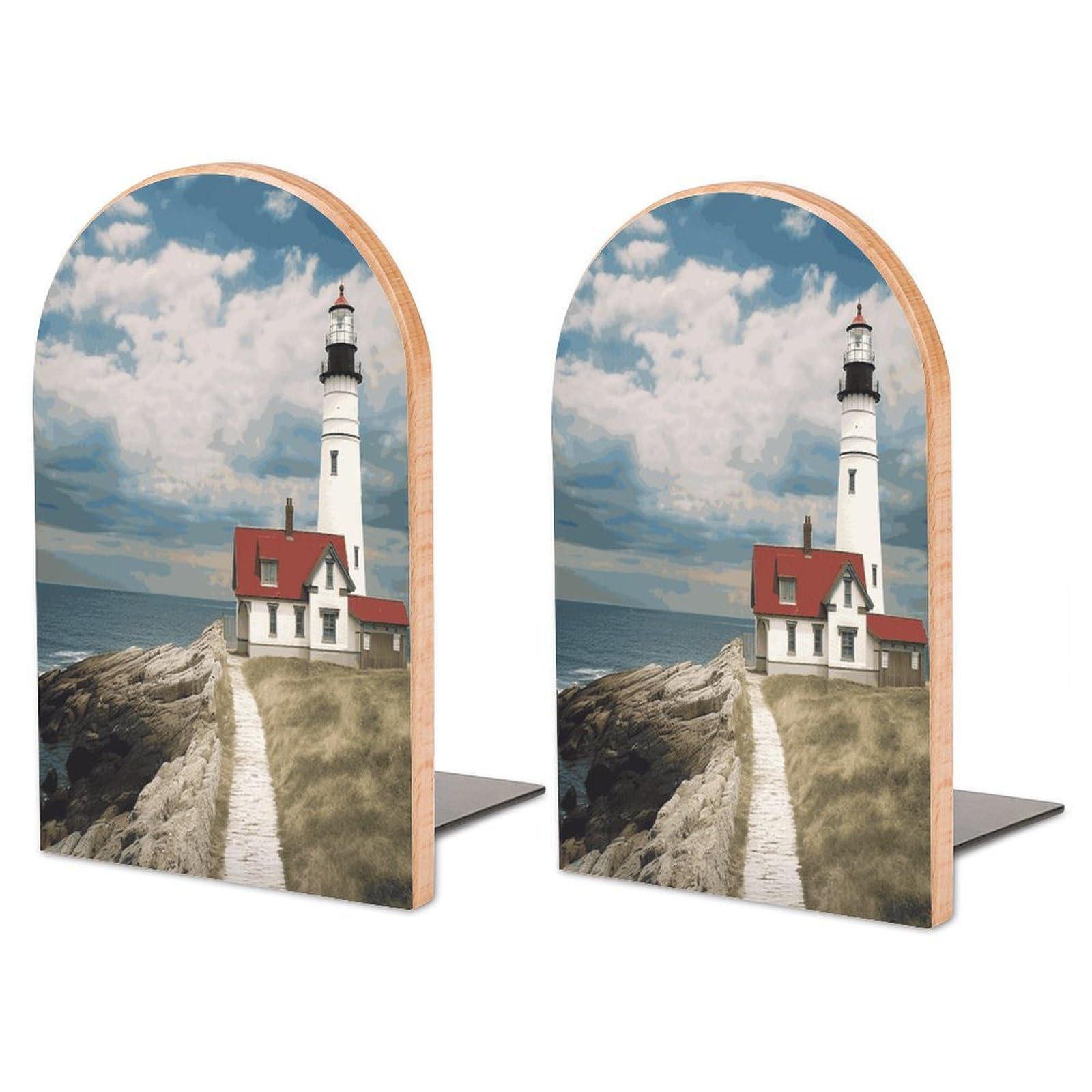 Lighthouse Backdrop Bookend for Shelves Wooden Book End Large Size Sturdy Book Holders Stoppers with Metal Base for Bookshelves Slick Decorative Bookends Stands