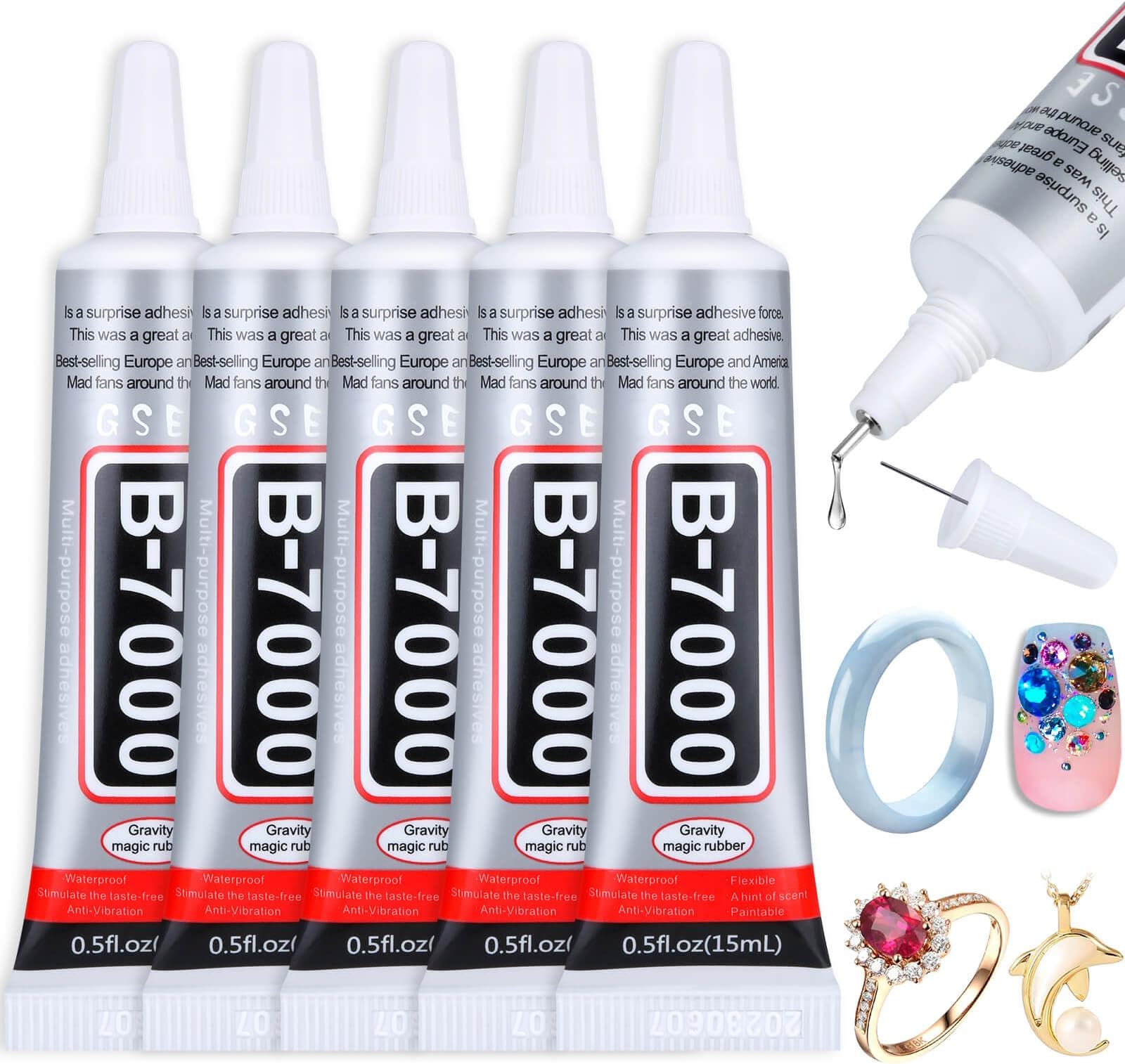 B7000 Jewelry Rhinestones Glue, Cludoo 5PCS B-7000 Clear Super Glue Transparent Industrial Adhesive for Phone Repair Jewelery Making Crafts Gem Fabric Metal Nail Art Stone Wood Glass Bead